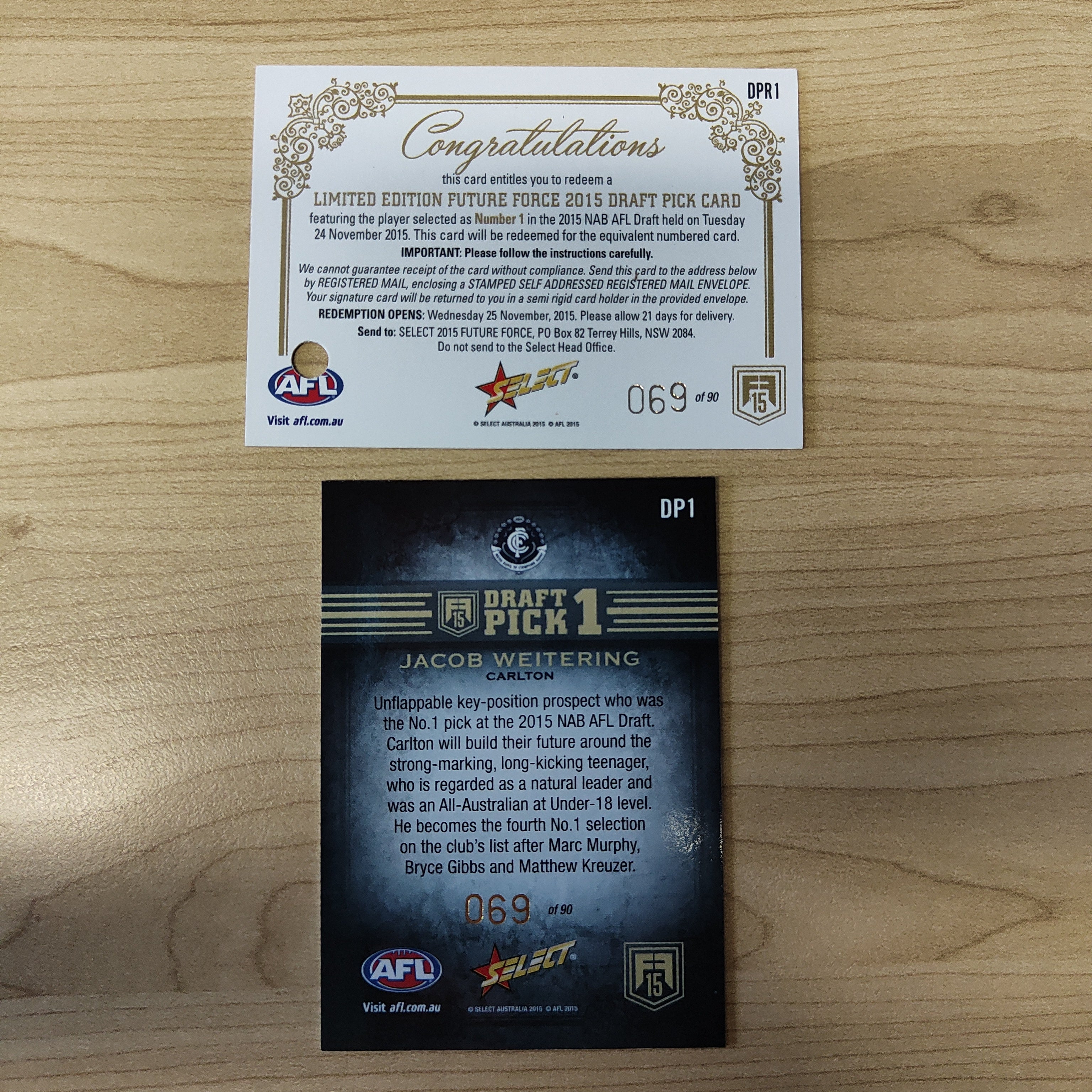2015 Select Future Force Draft Pick Redemption Jacob Weitering Carlton No.069/90 - Image 2