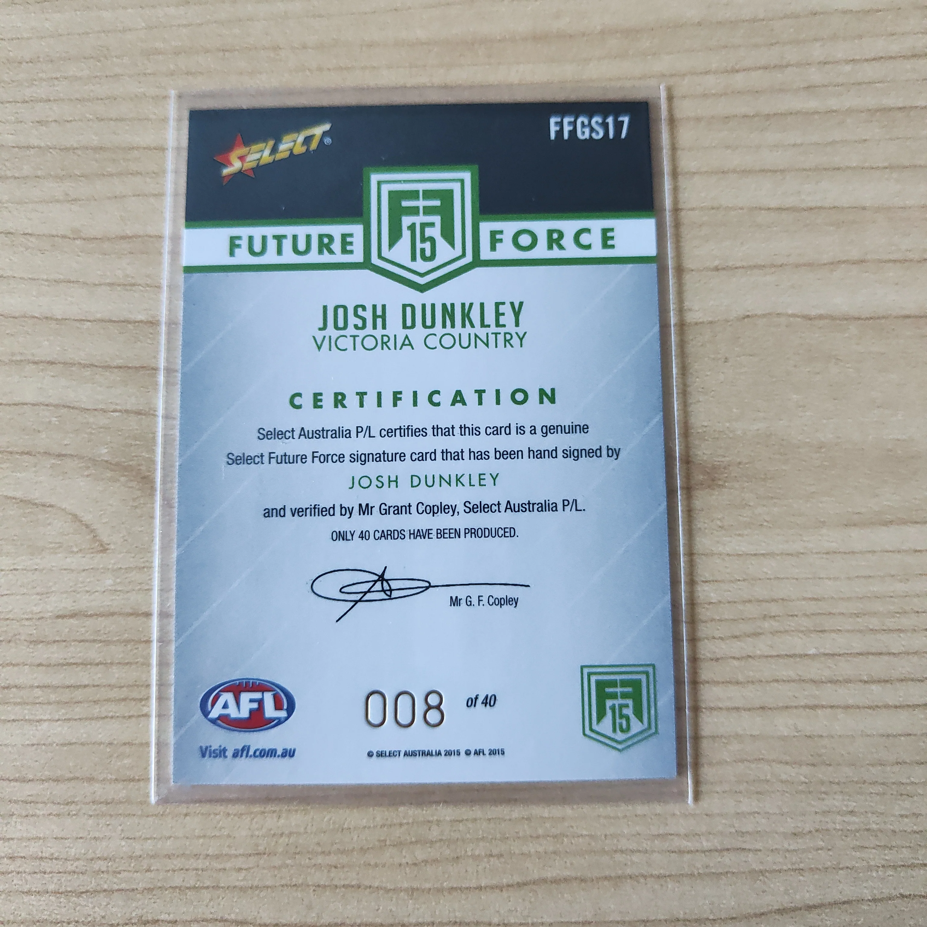 2015 Select Future Force Green Signature Josh Dunkley Western Bulldogs LOW NUMBER No.008/40 - Image 2