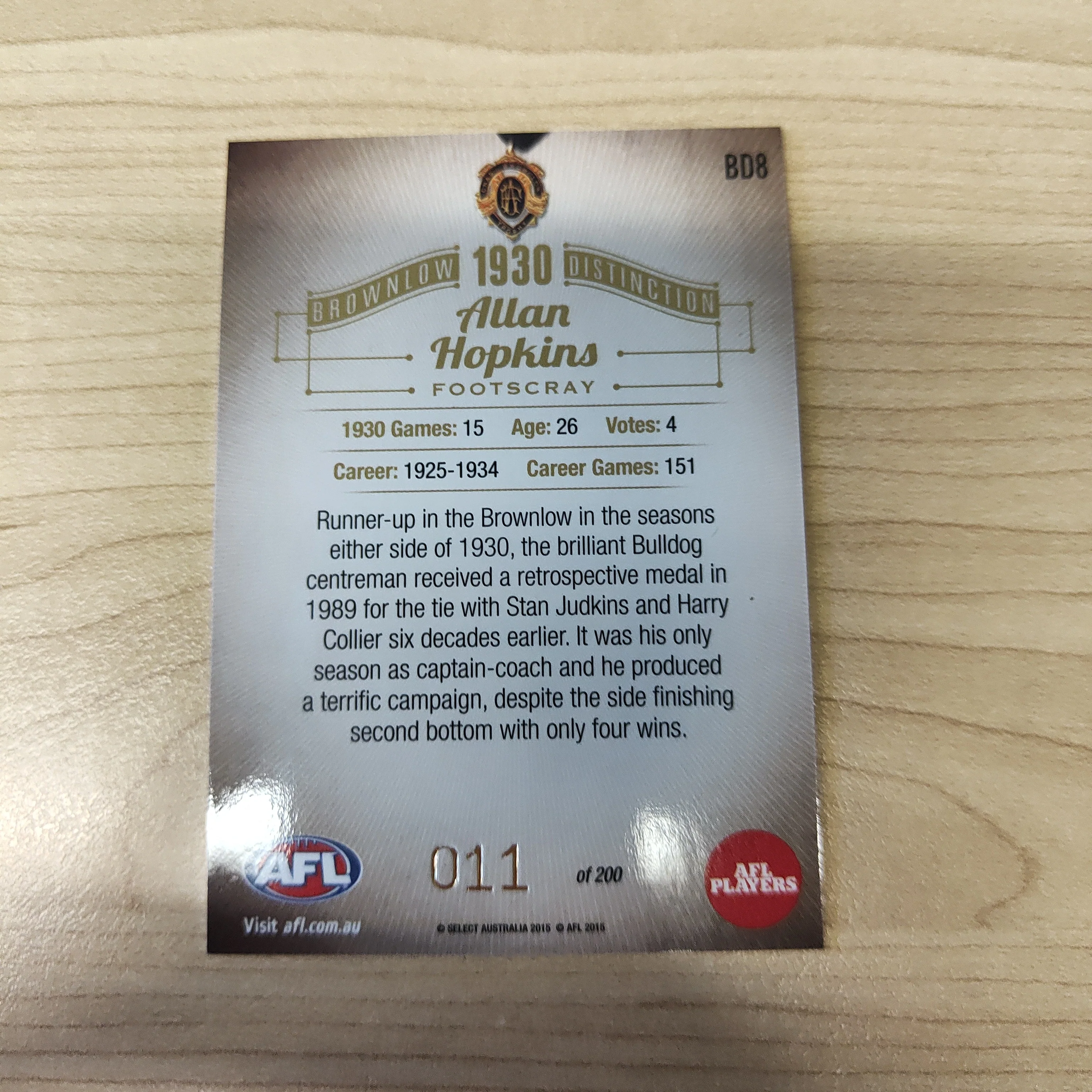2015 Select Honours 2 Brownlow Distinction 1930 Allan Hopkins Footscray - Image 2