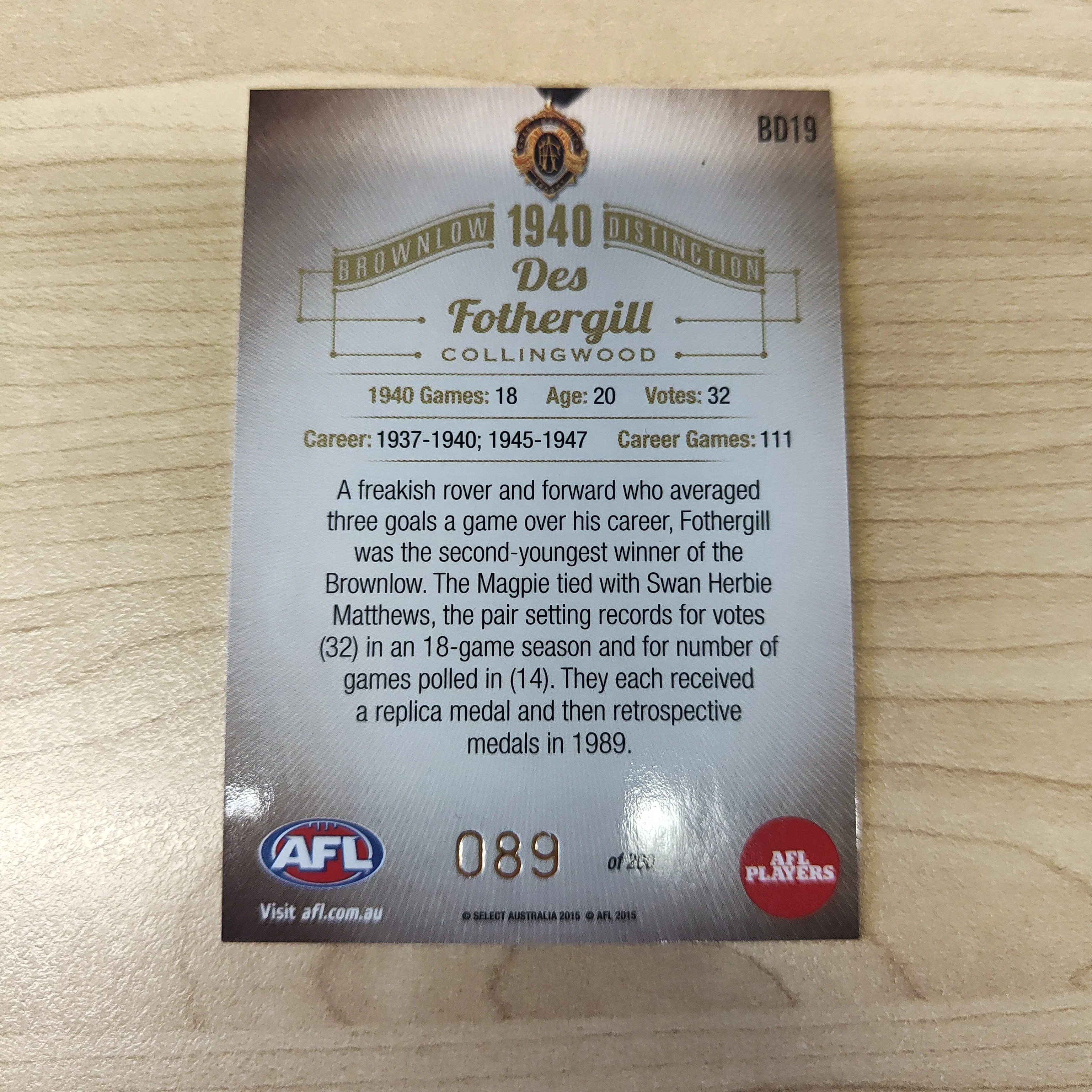 2015 Select Honours 2 Brownlow Distinction 1940 Des Fothergill Collingwood - Image 2