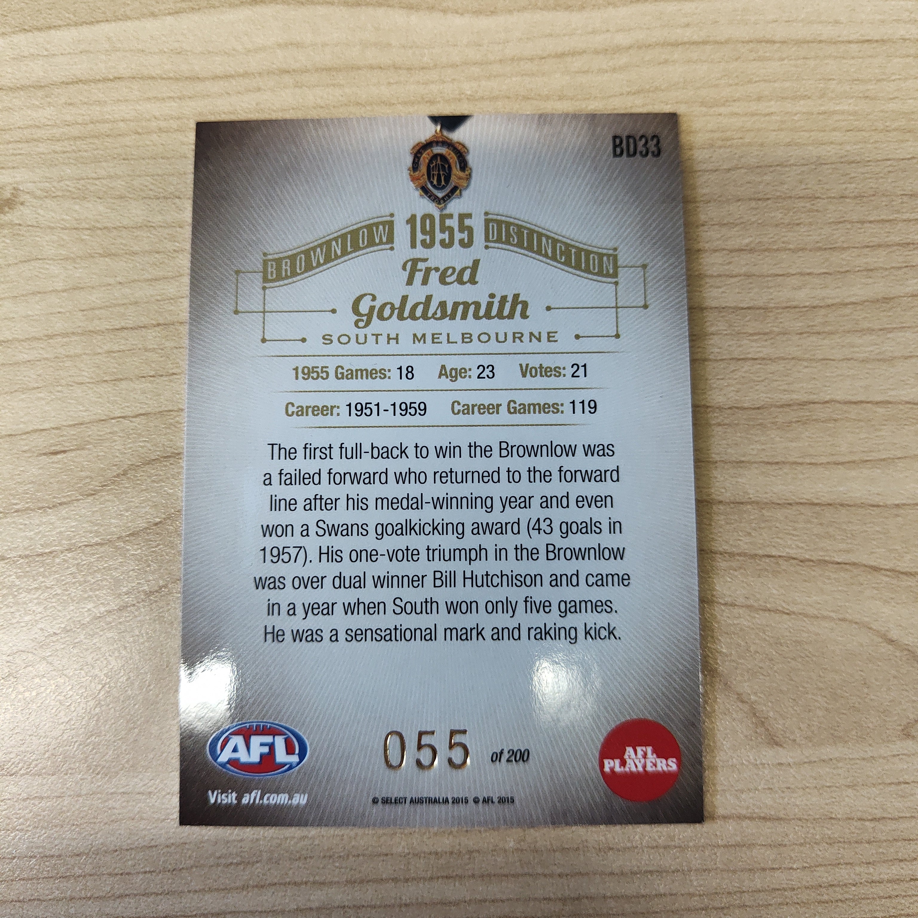 2015 Select Honours 2 Brownlow Distinction 1955 Fred Goldsmith South Melbourne - Image 2