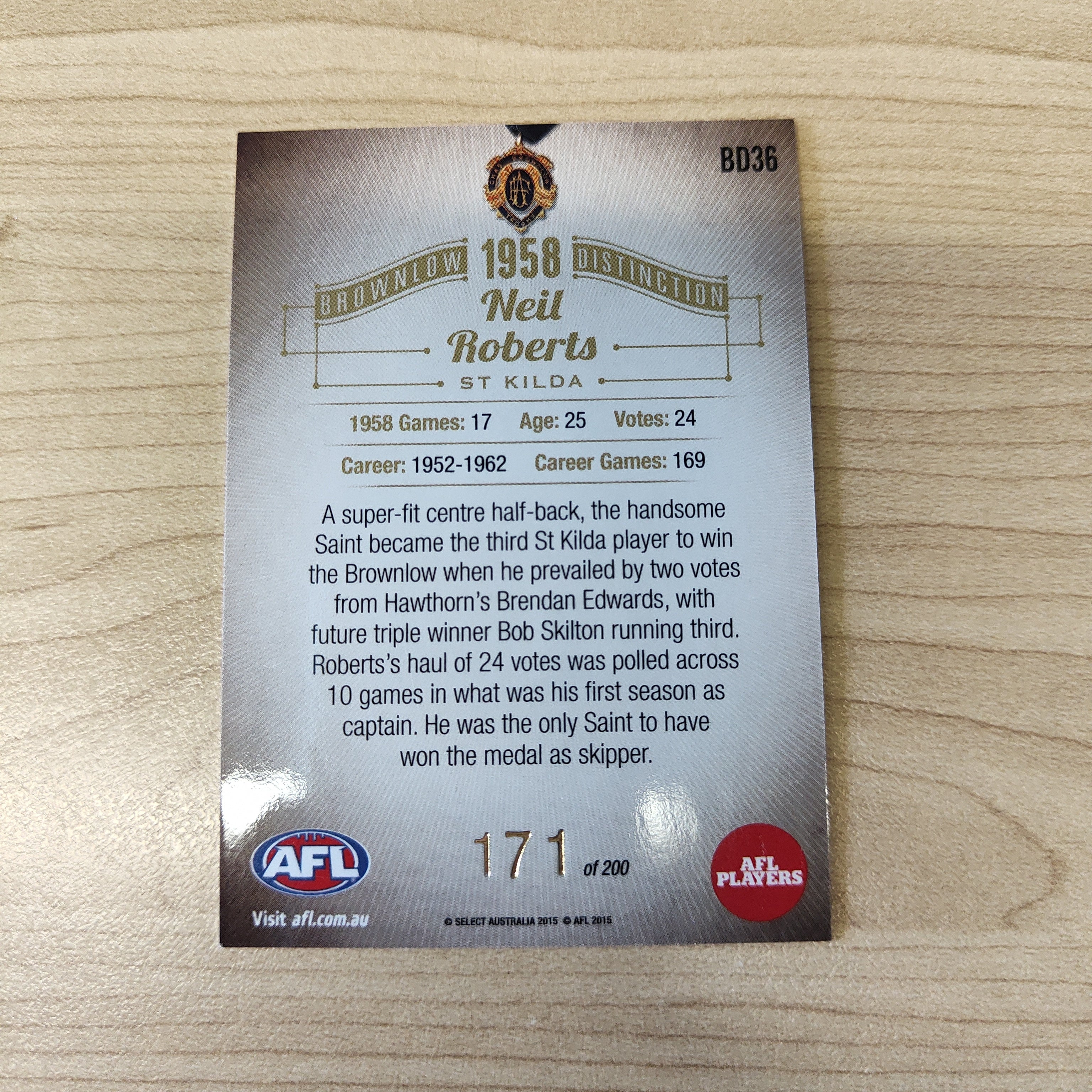2015 Select Honours 2 Brownlow Distinction 1958 Neil Roberts St Kilda - Image 2