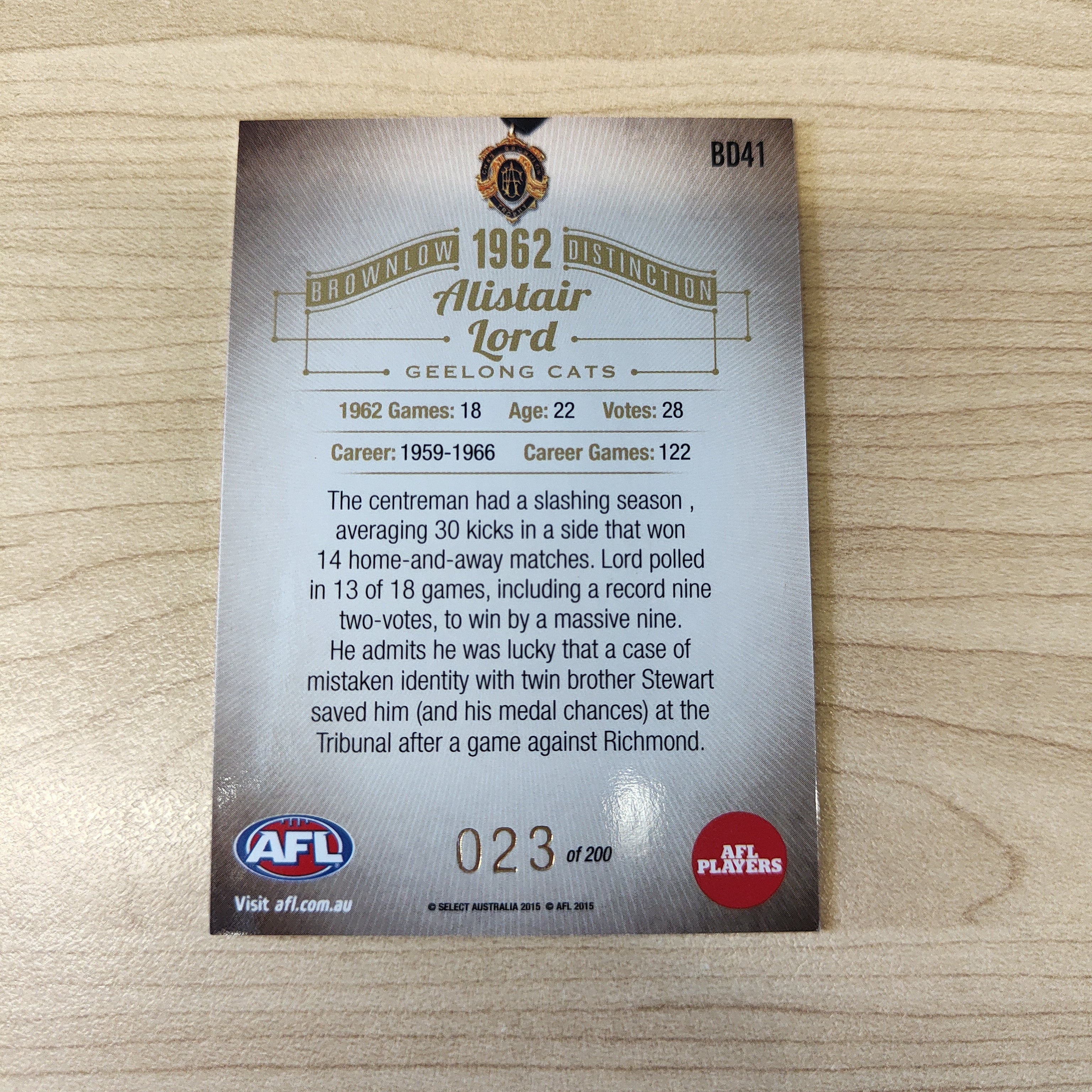 2015 Select Honours 2 Brownlow Distinction 1962 Alistair Lord Geelong - Image 2