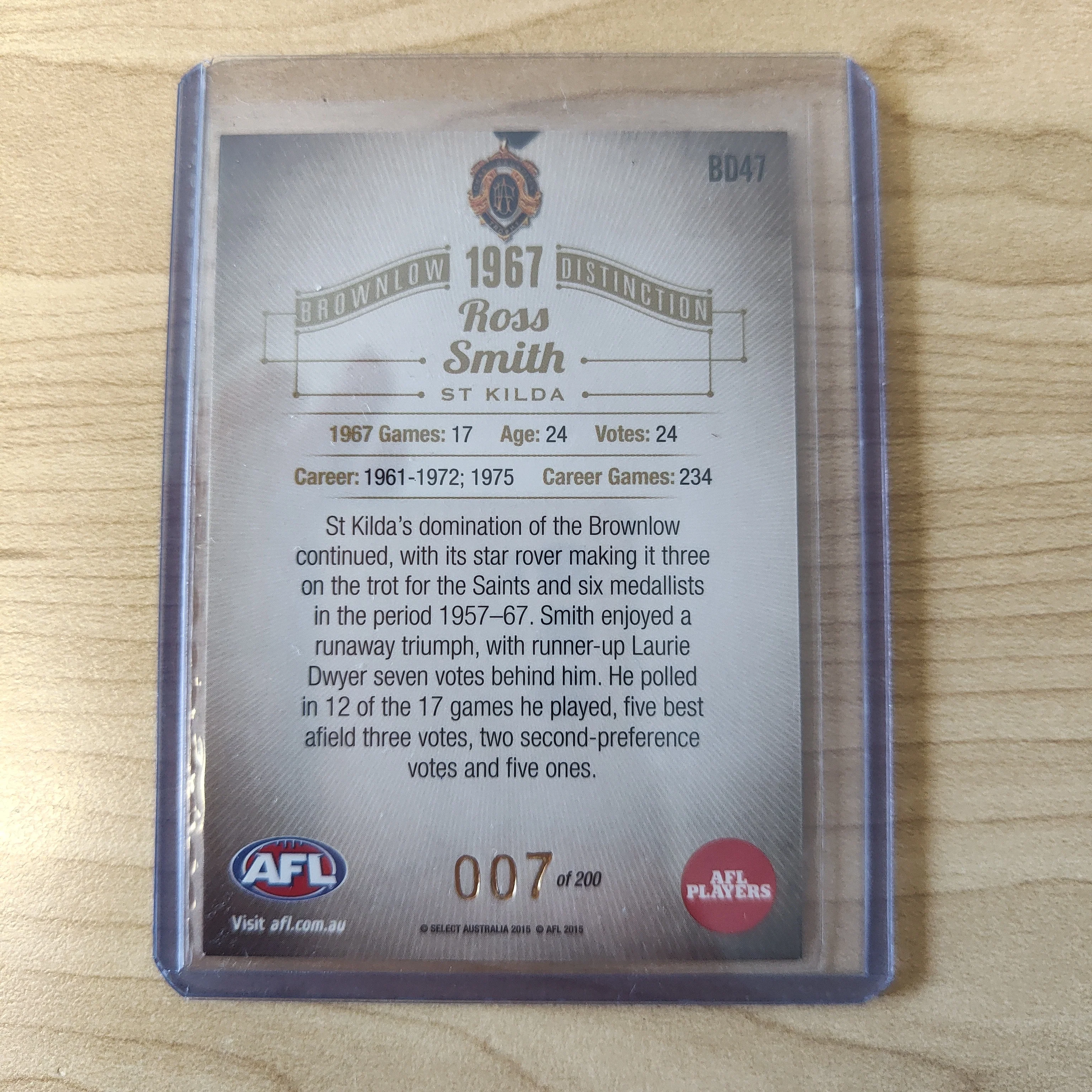 2015 Select Honours 2 Brownlow Distinction 1967 Ross Smith St Kilda LOW NUMBER - Image 2