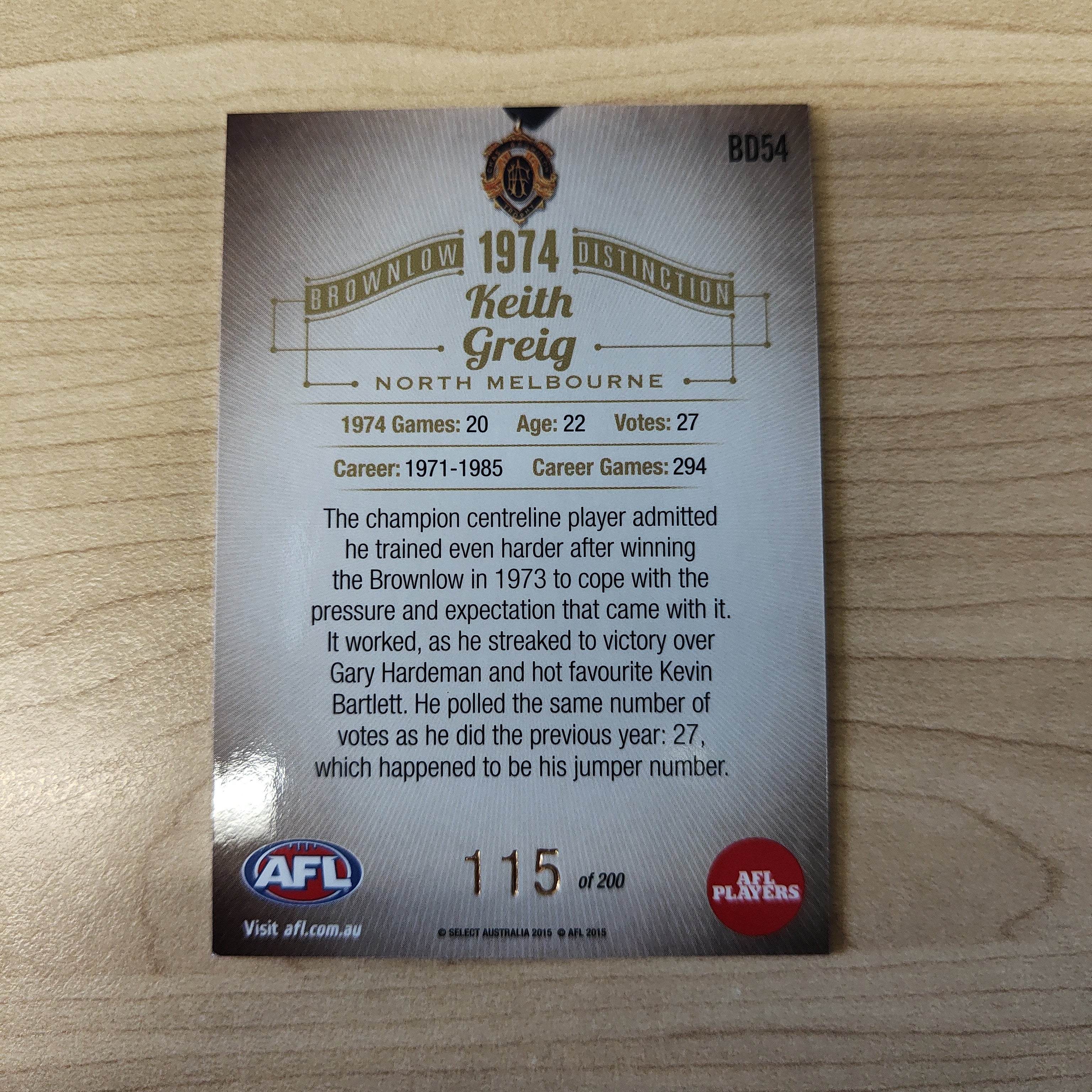 2015 Select Honours 2 Brownlow Distinction 1974 Keith Greig North Melbourne - Image 2