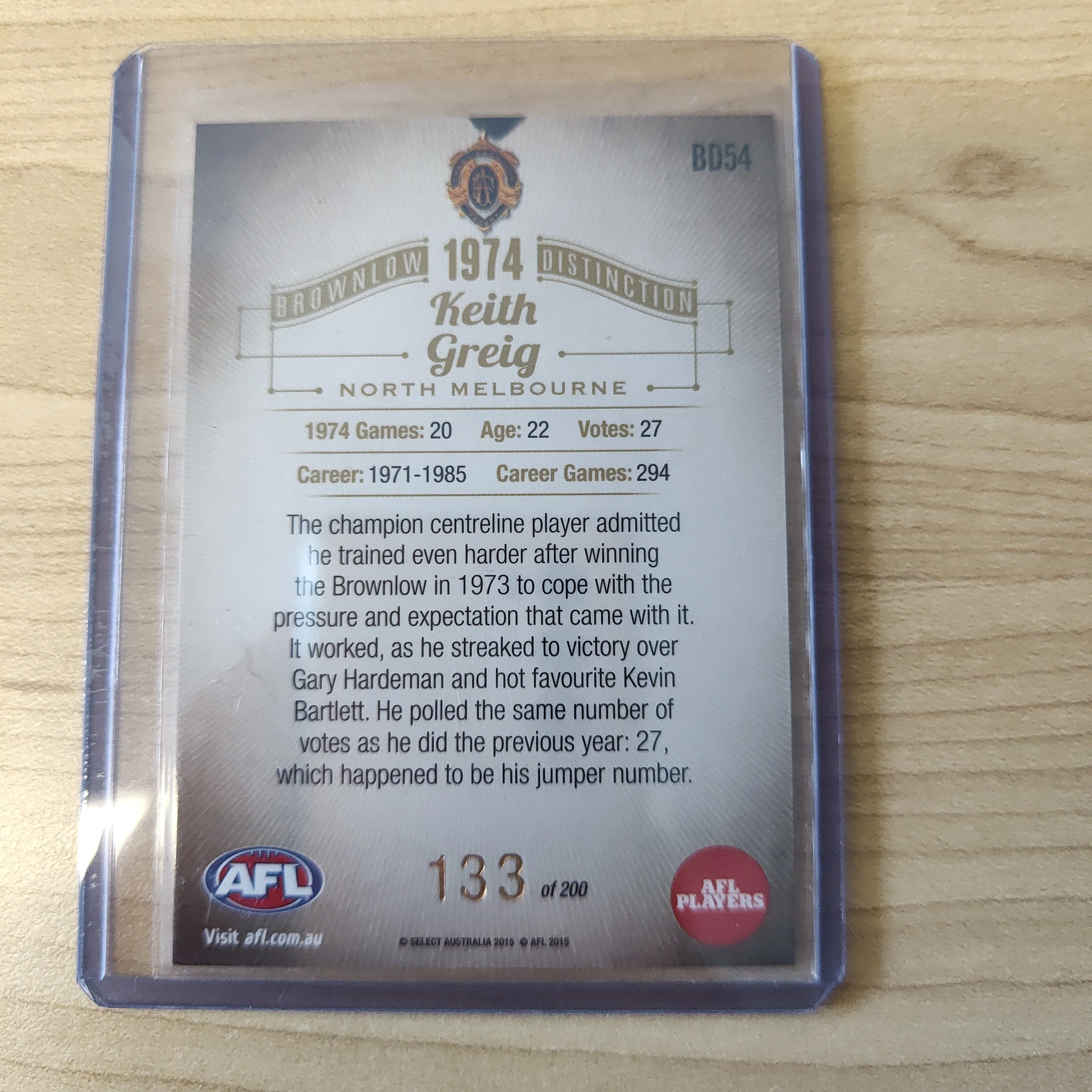 2015 Select Honours 2 Brownlow Distinction 1974 Keith Greig North Melbourne - Image 2