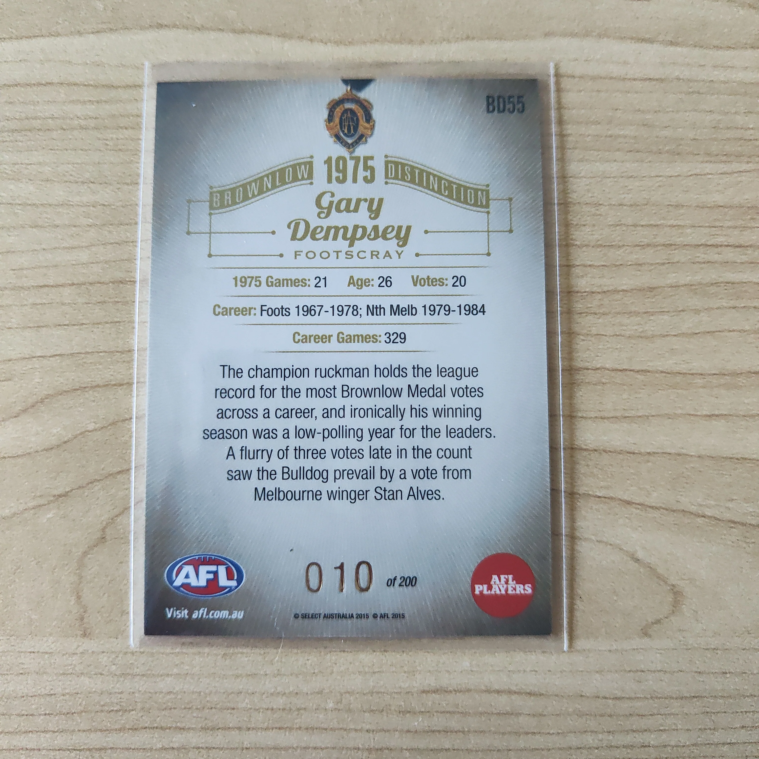 2015 Select Honours 2 Brownlow Gary Dempsey Footscray Western Bulldogs No.010/200 - Image 2