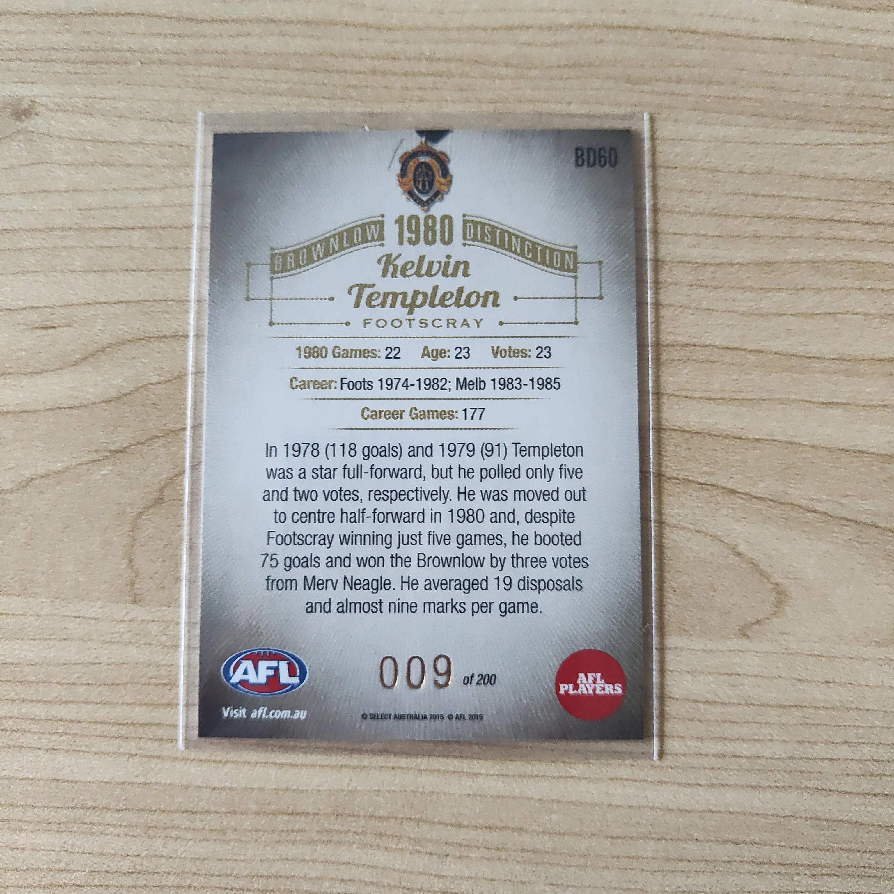 2015 Select Honours 2 Brownlow Kelvin Templeton Footscray Western Bulldogs No.009/200 - Image 2