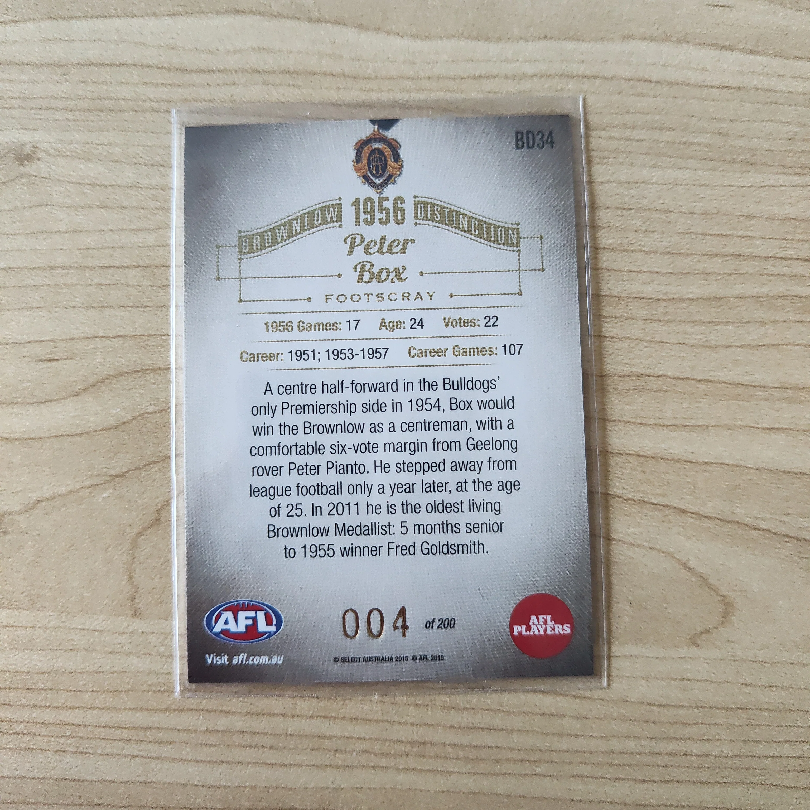 2015 Select Honours 2 Brownlow Peter Box Footscray Western Bulldogs No.004/200 - Image 2