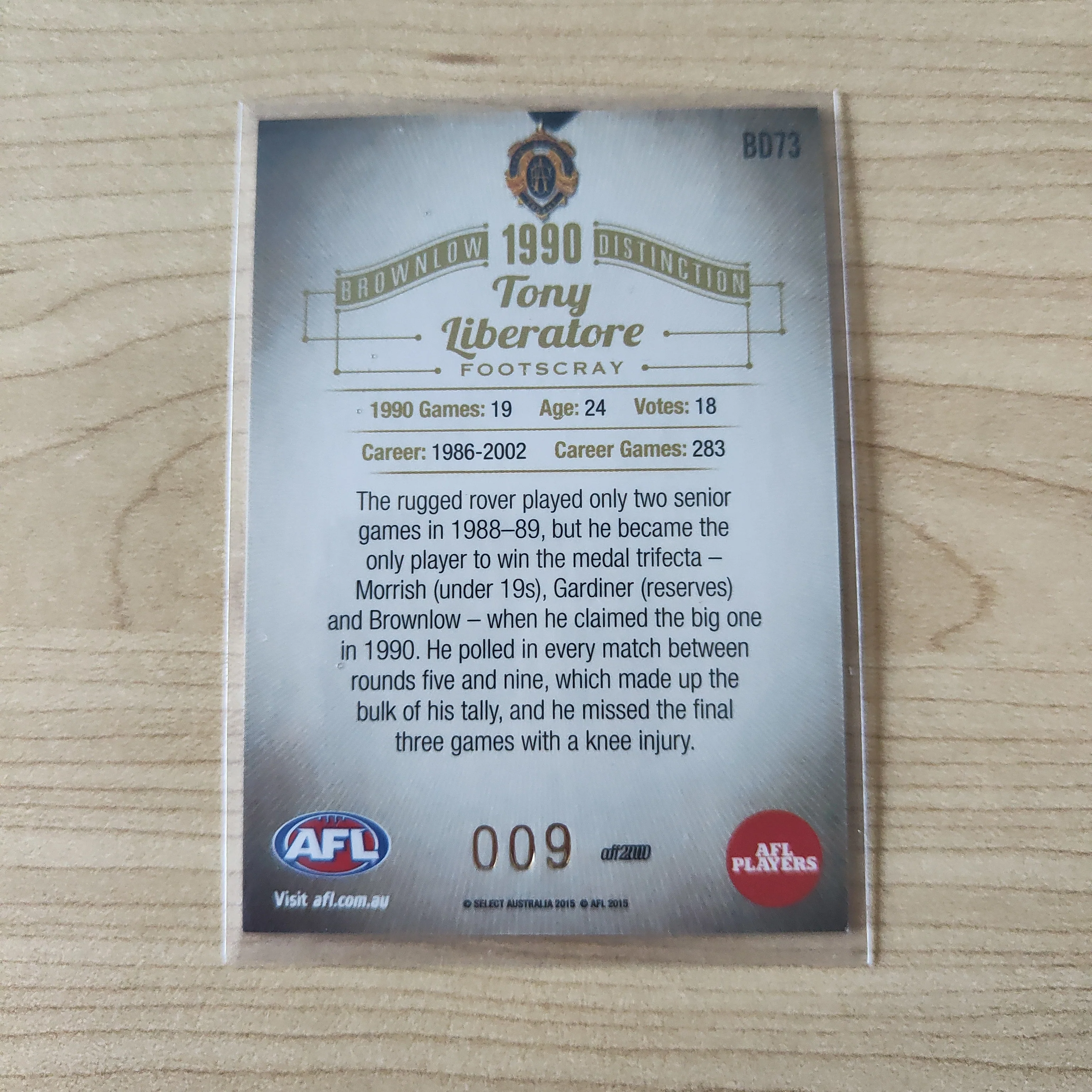 2015 Select Honours 2 Brownlow Tony Liberatore Footscray Western Bulldogs No.009/200 - Image 2