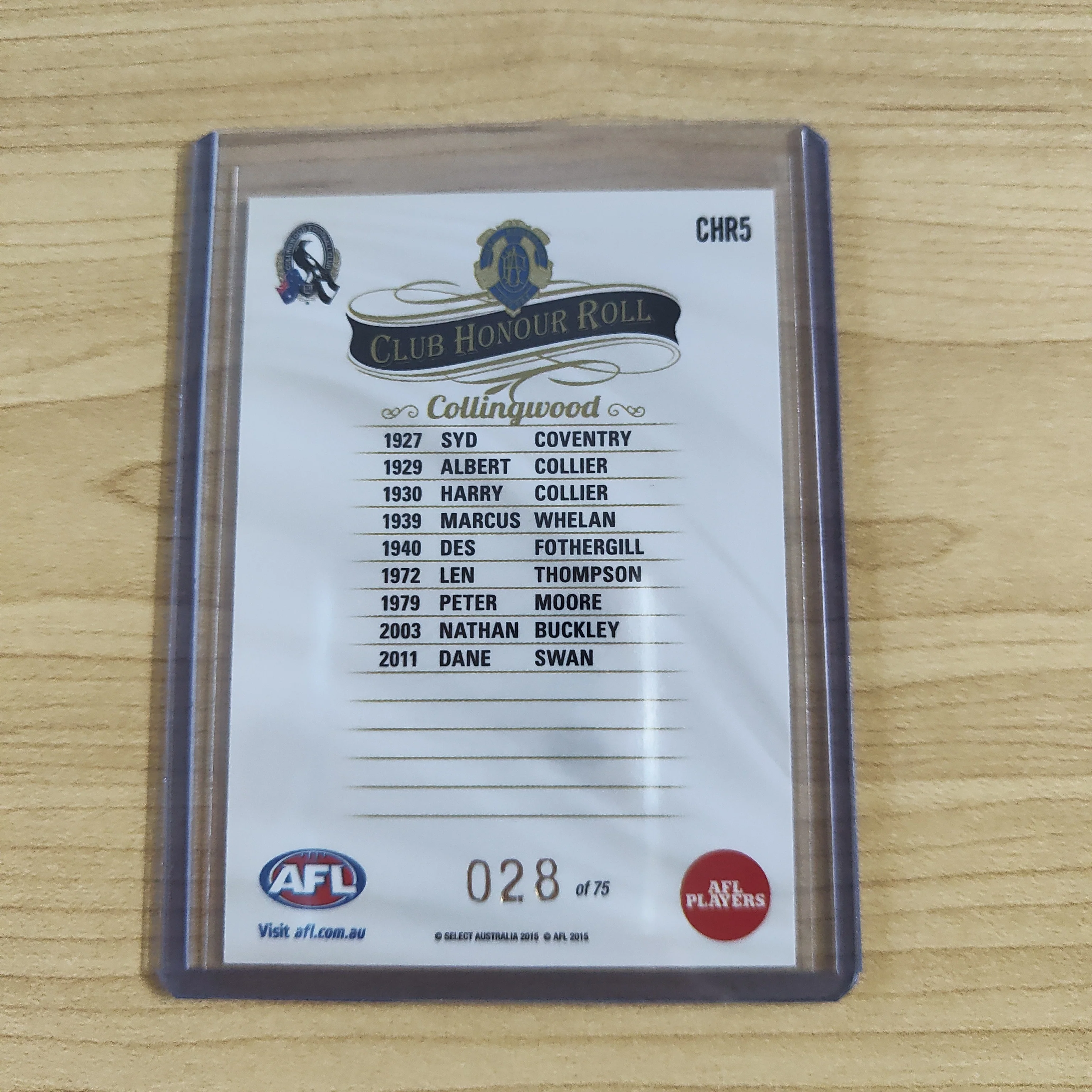 2015 Select Honours 2 Club Honour Roll Collingwood Football Club No.28/75 - Image 2