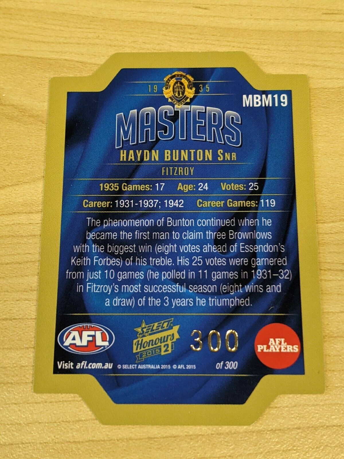 2015 Select Honours 2 Masters Die Cuts (MBM19) Hayden BUNTON SNR Fitzoy 300/300 - Image 2