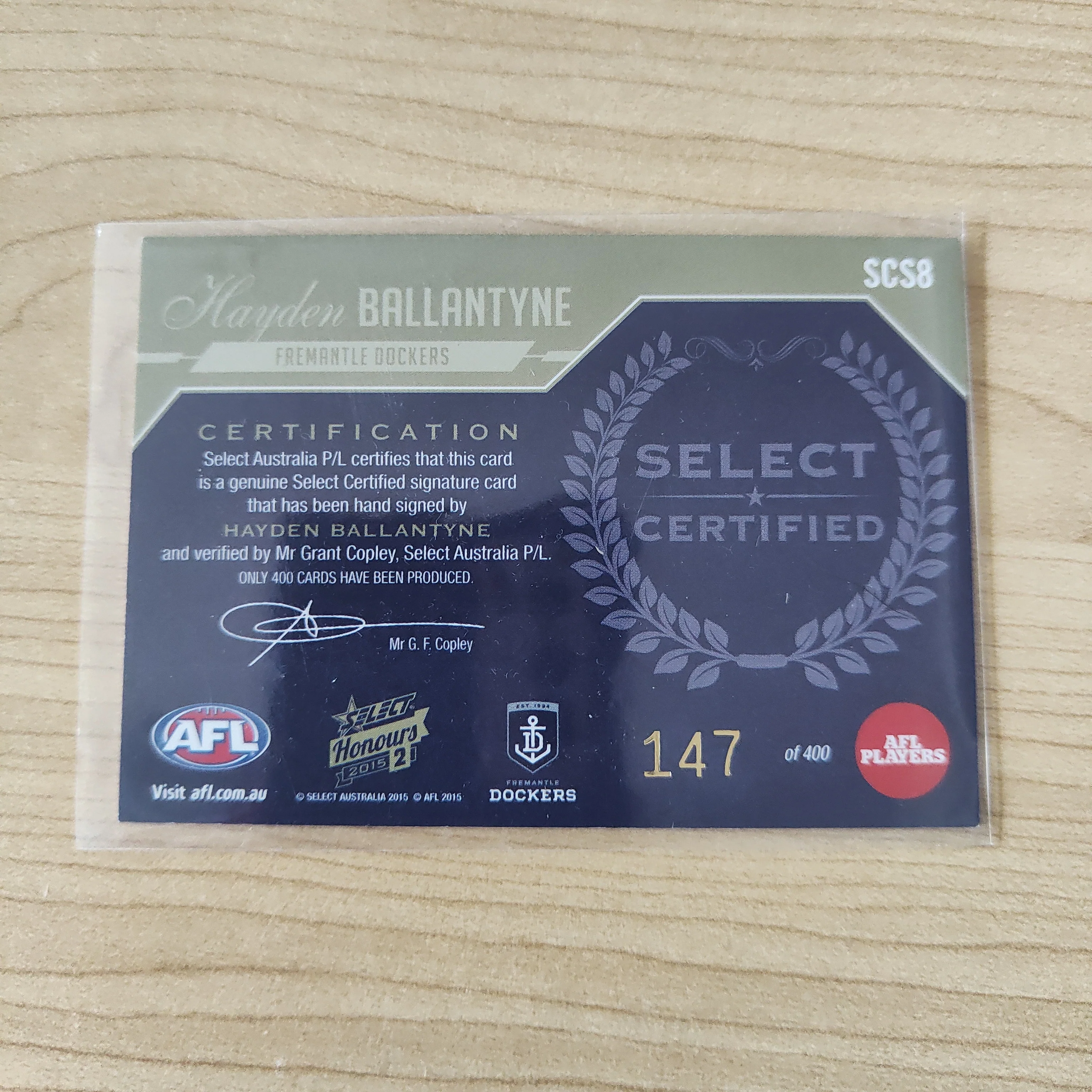 2015 Select Honours 2 Select Certified Signature Hayden Ballantyne Fremantle No.147/400 - Image 2