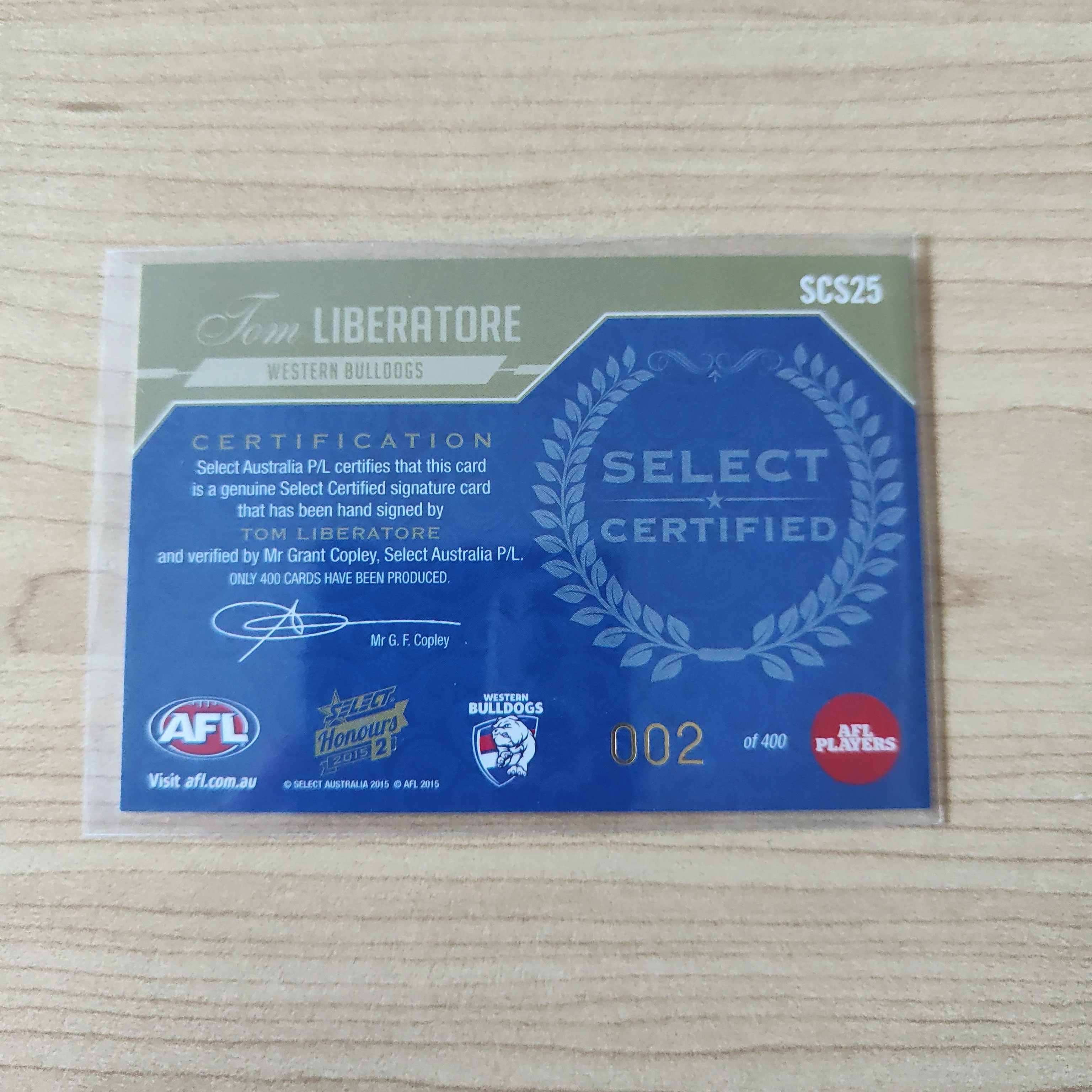 2015 Select Honours 2 Select Certified Signature Tony Liberatore Western Bulldogs LOW NUMBER No.002/400 - Image 2