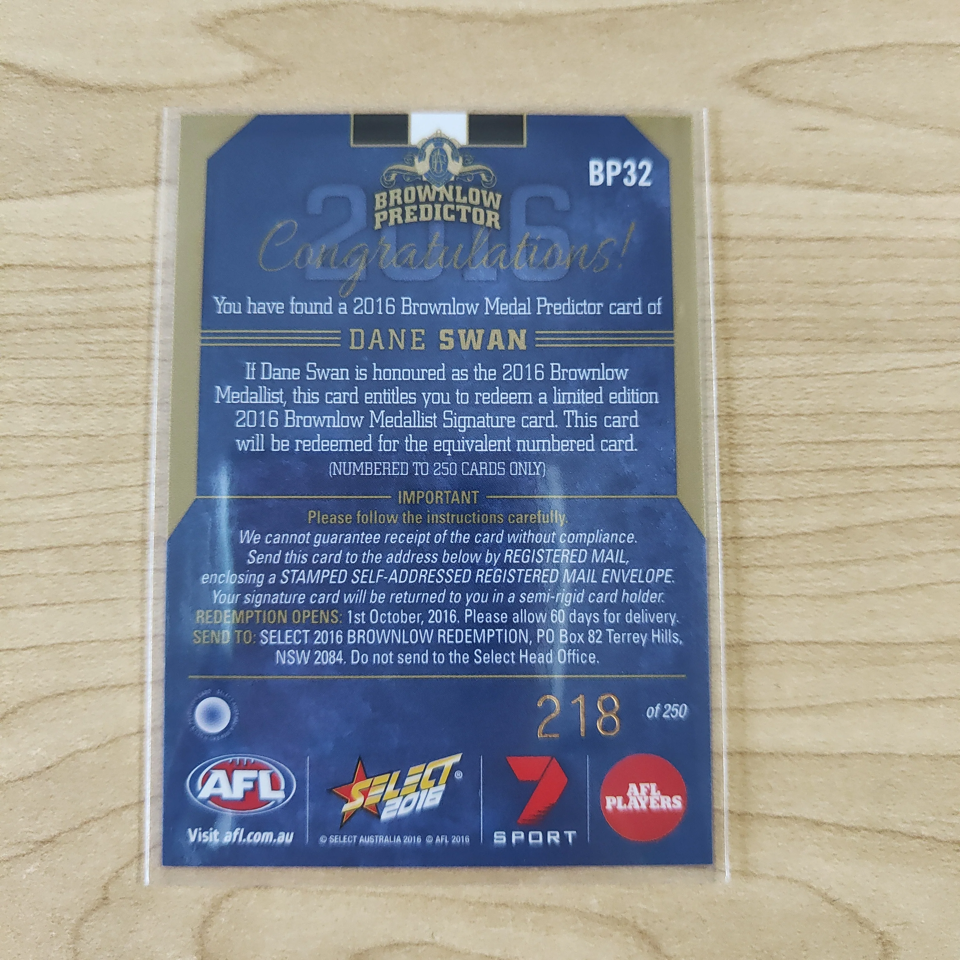 2016 AFL Select Brownlow Predictor Dane Swan Collingwood No.218/250 - Image 2
