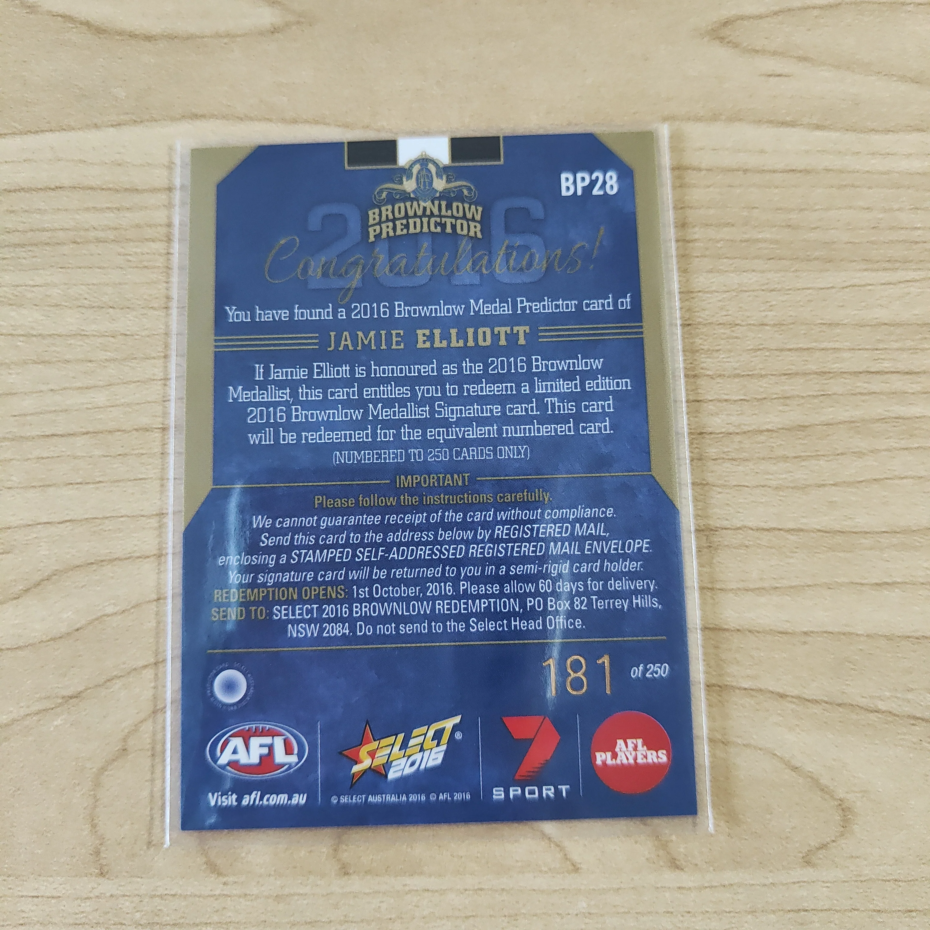 2016 AFL Select Brownlow Predictor Jamie Elliott Collingwood No.181/250 - Image 2