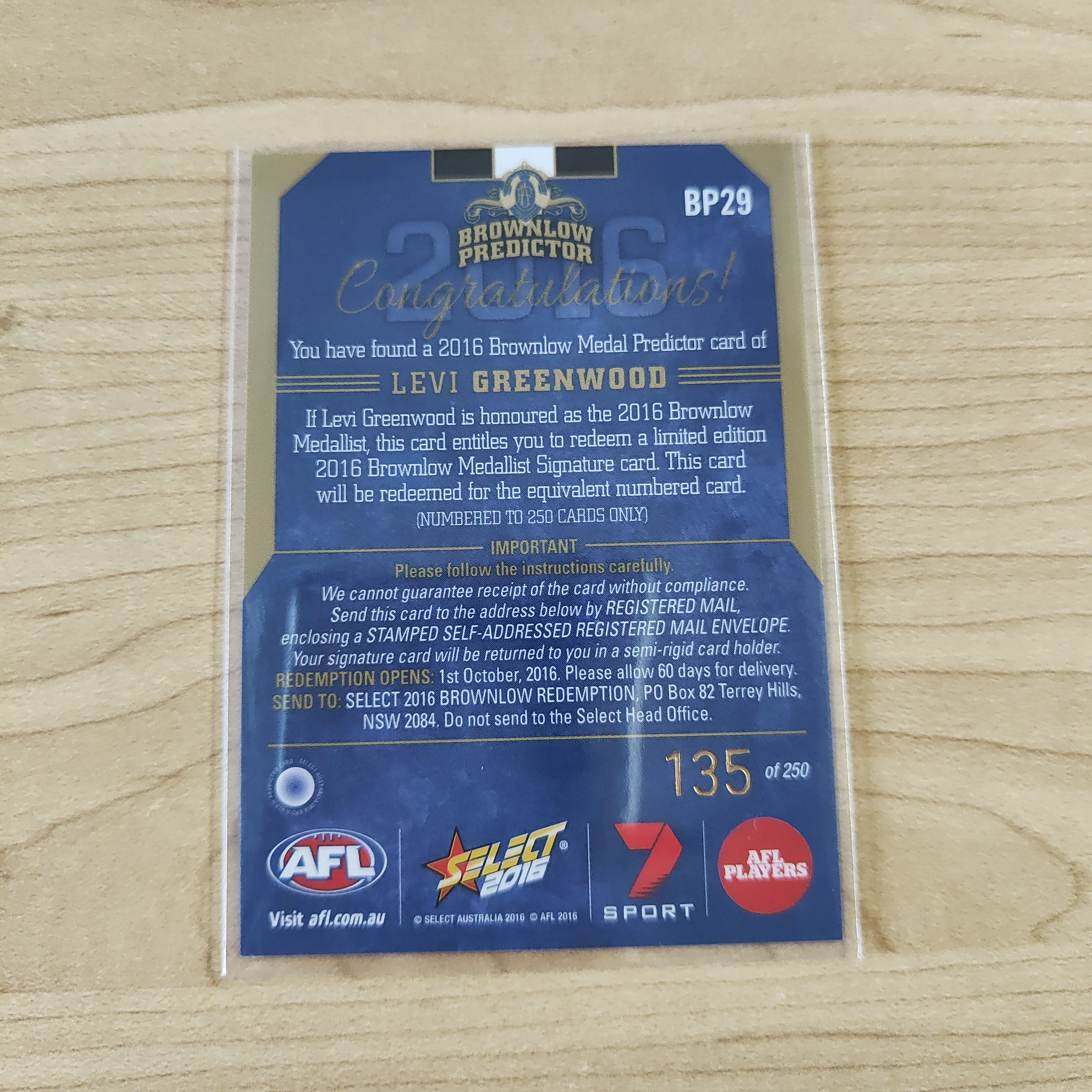 2016 AFL Select Brownlow Predictor Levi Greenwood Collingwood No.135/250 - Image 2