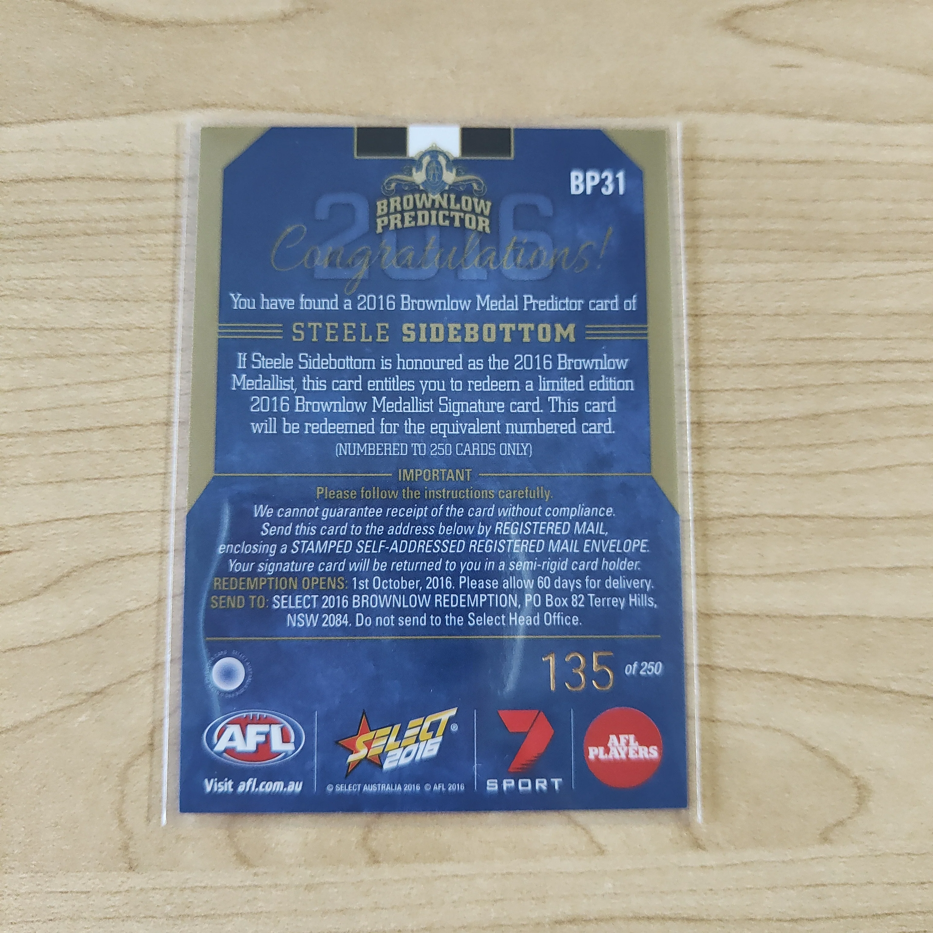 2016 AFL Select Brownlow Predictor Steele Sidebottom Collingwood No.135/250 - Image 2