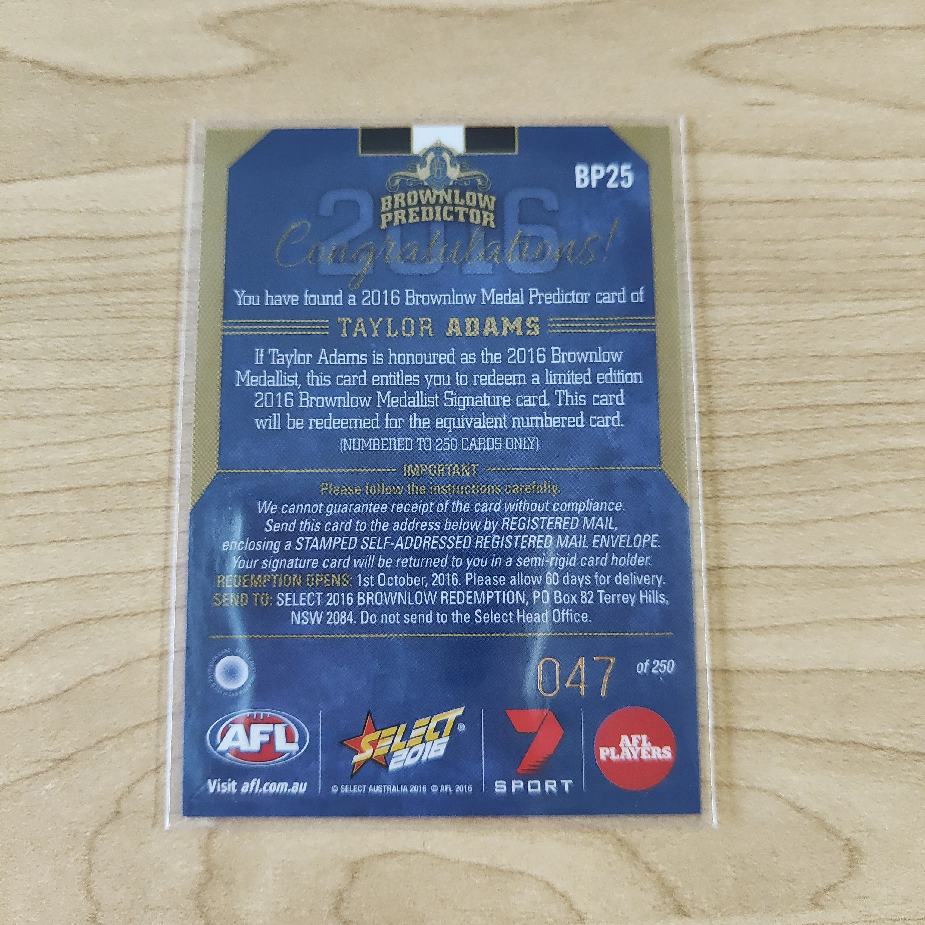 2016 AFL Select Brownlow Predictor Taylor Adams Collingwood No.047/250 - Image 2