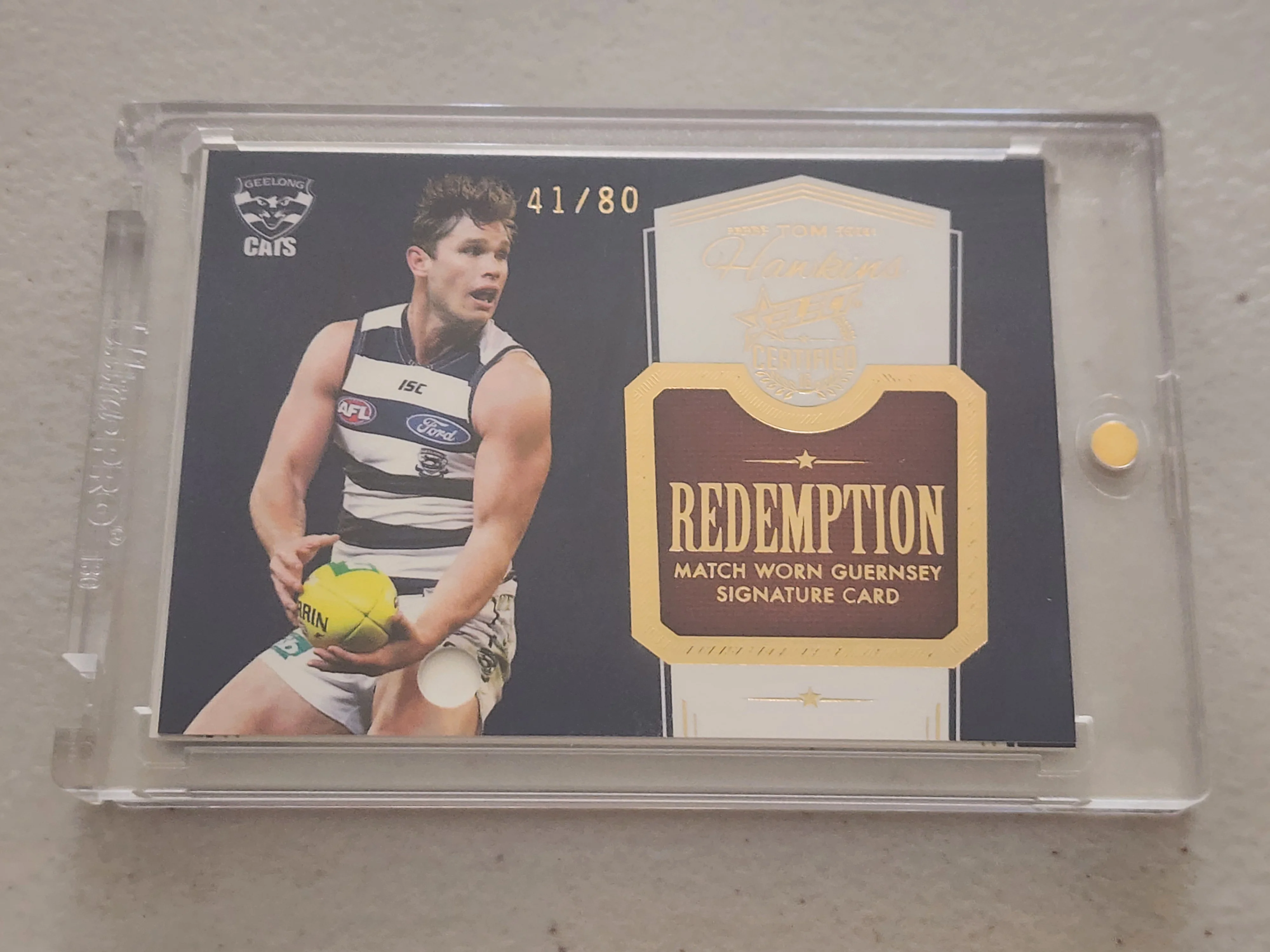 2016 AFL Select Certified Tom Hawkins Redemption Match Worn Signature Card Geelong 41/80 - Image 2