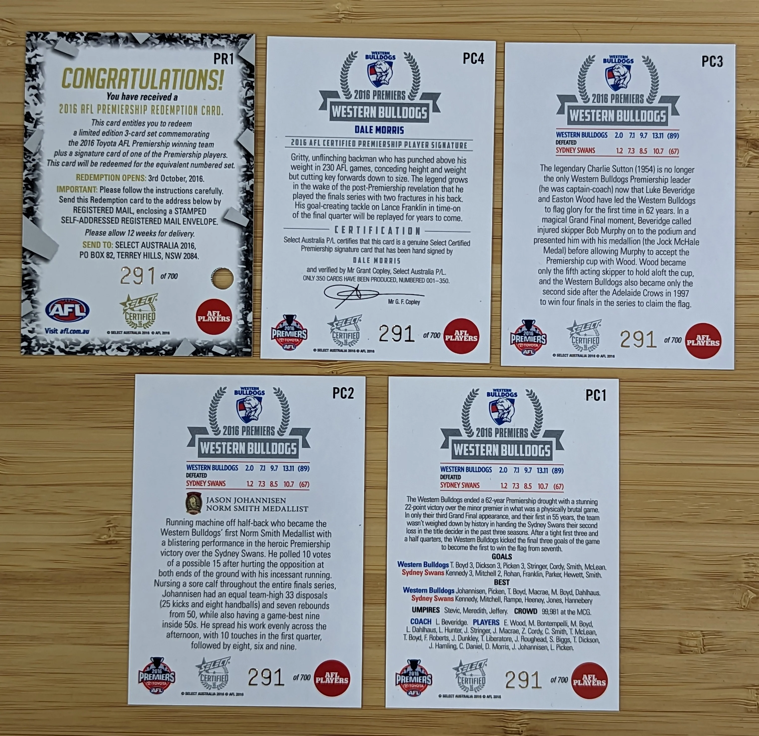 2016 AFL Select Premiership Signature Redemption Western Bulldogs 291/700 - Image 2