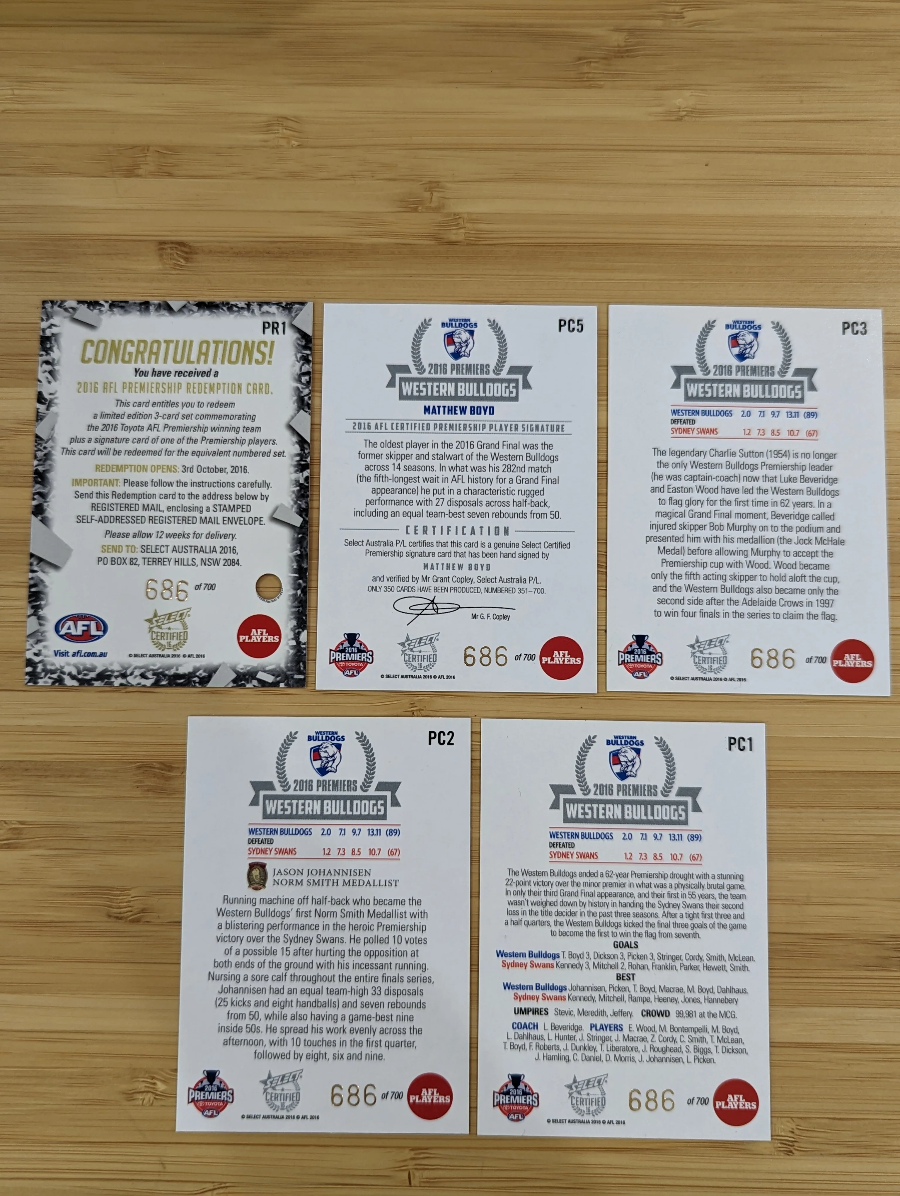 2016 AFL Select Premiership Signature Redemption Western Bulldogs 686/700 - Image 3
