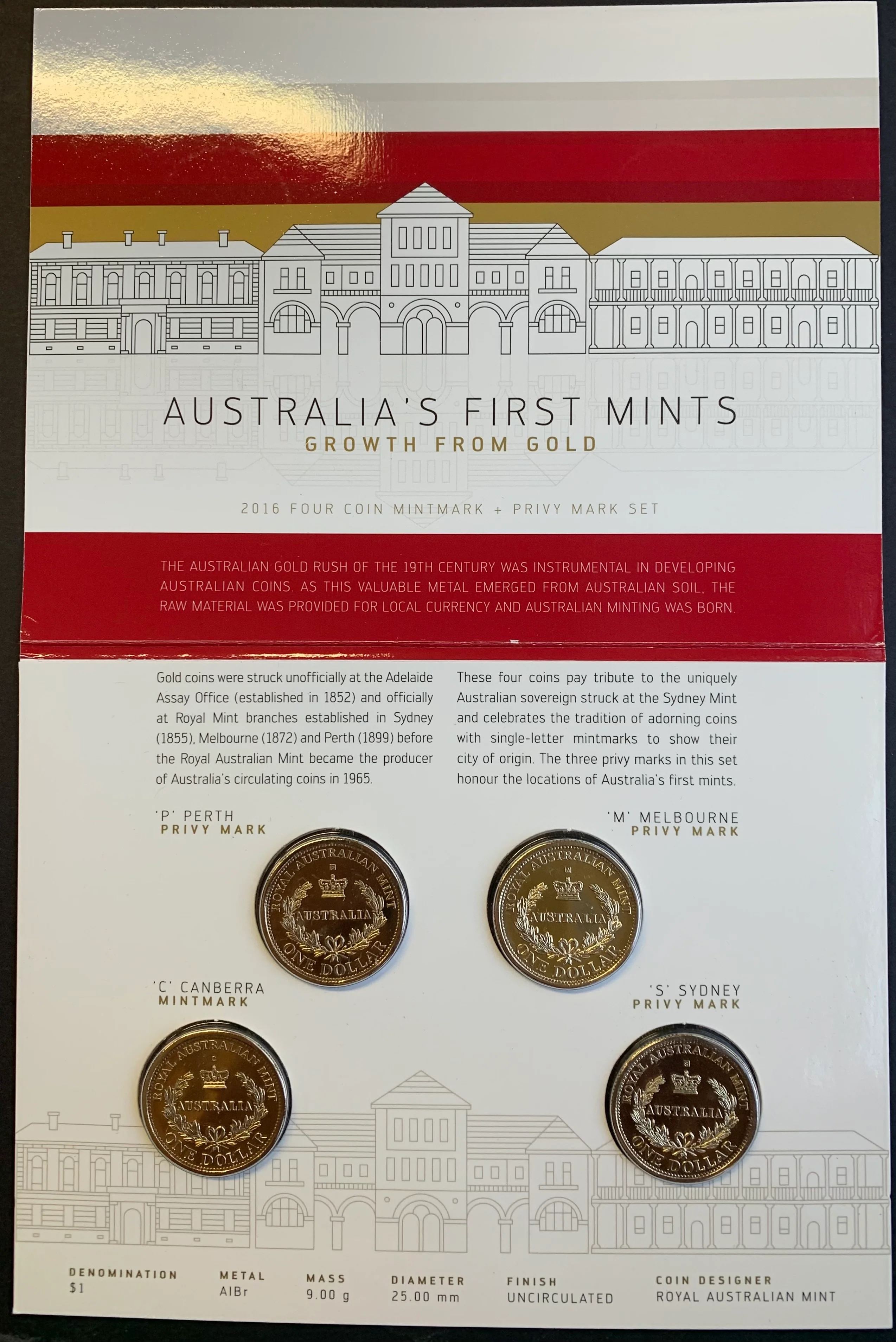 Australia 2016 Royal Australian Mint $1 Australia's First Mints Dollar Coin Uncirculated Privy Mark Set Of 4 - Image 2