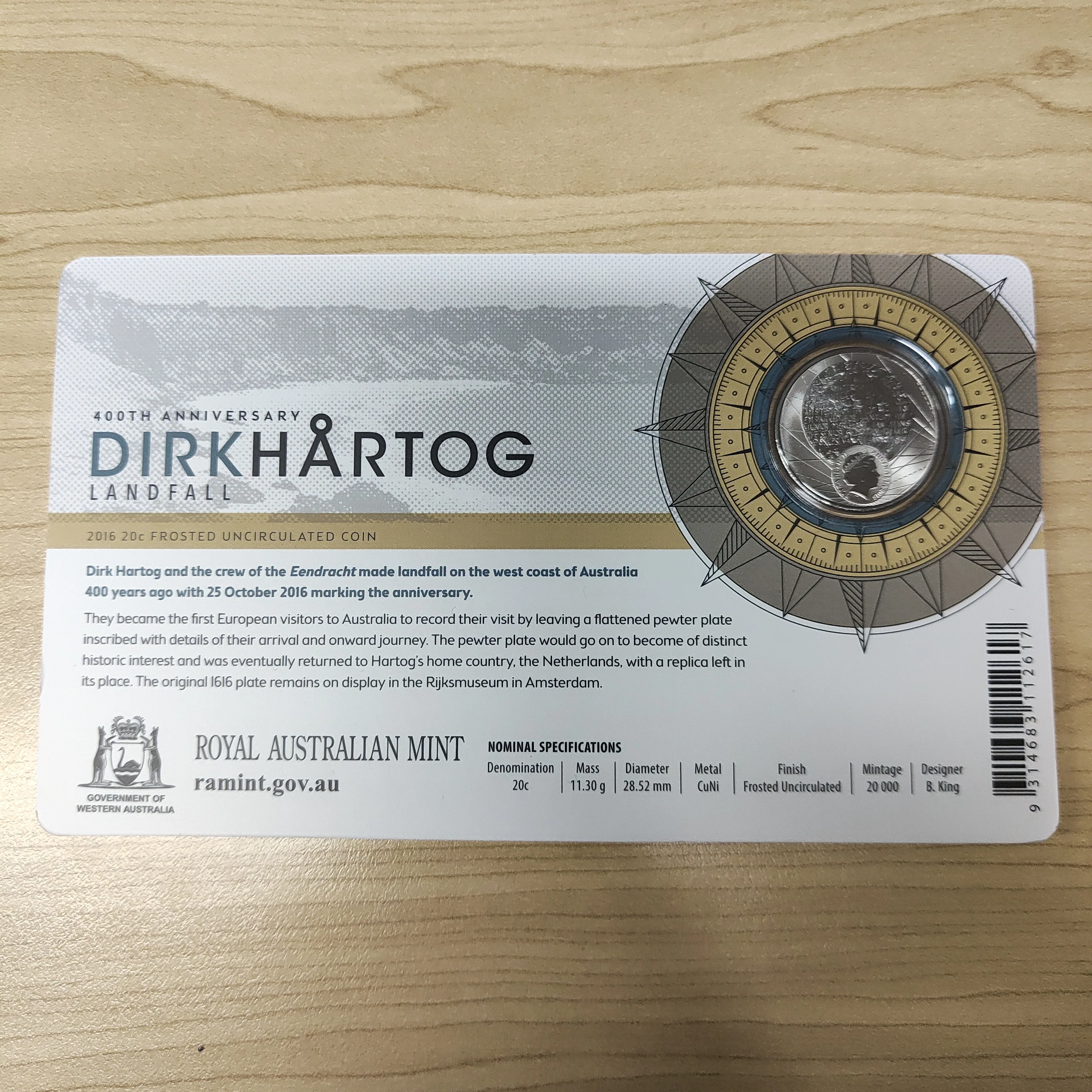Australia 2016 Royal Australian Mint 20c 400th Anniversary Dirk Hartog Landfall Frosted Uncirculated Coin - Image 2