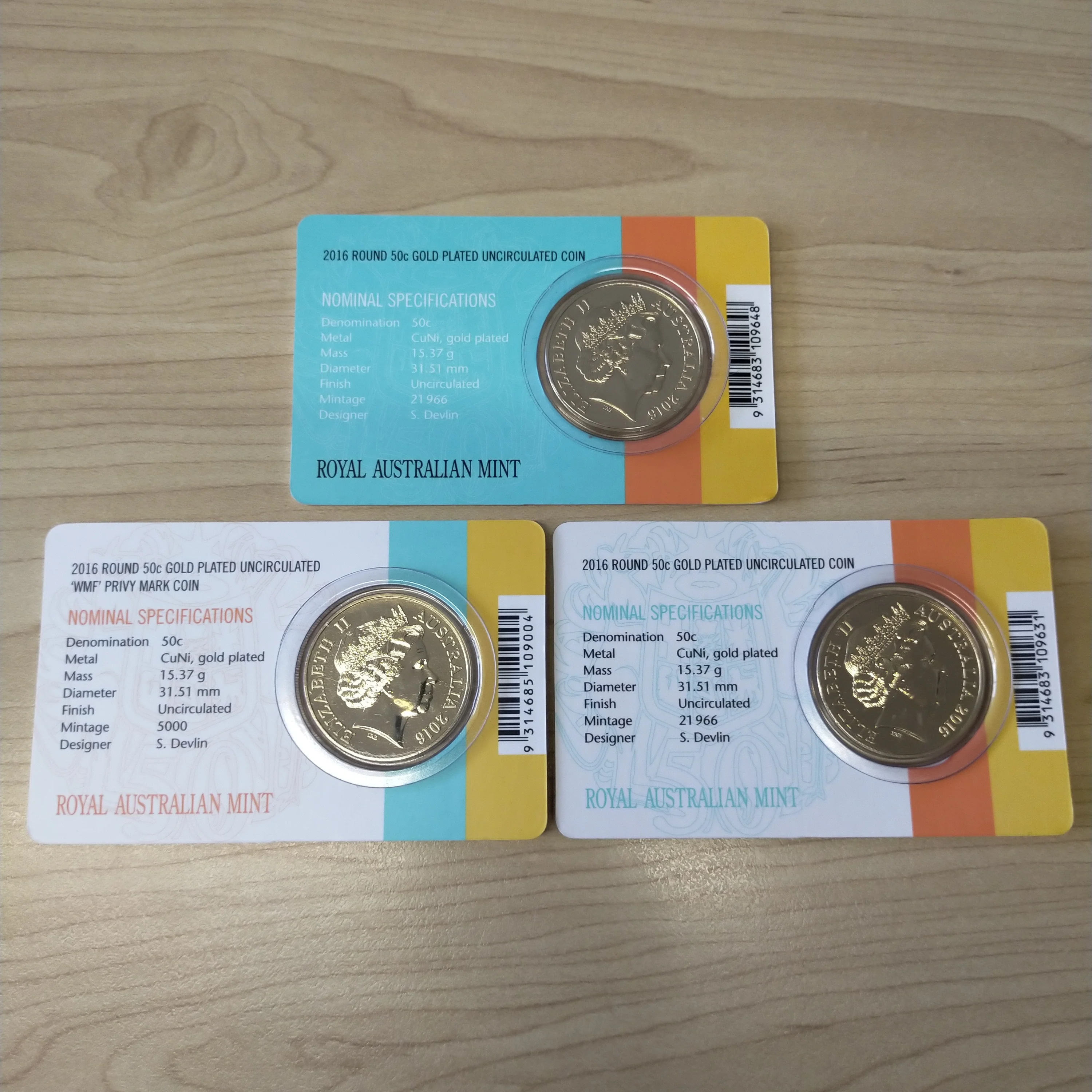 2016 RAM 50c 50th Anniversary Decimal Currency Set of 3 Gold Plated Coins - Image 2