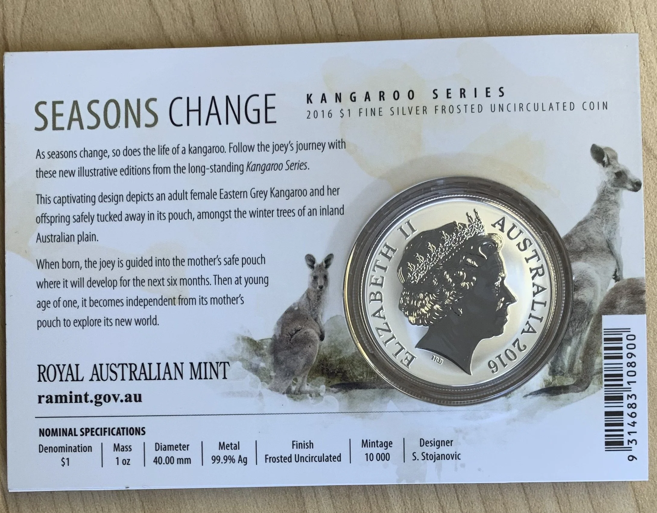 Australia 2016 Royal Australian Mint  $1 Kangaroo 1oz One Ounce Silver Coin - Image 2