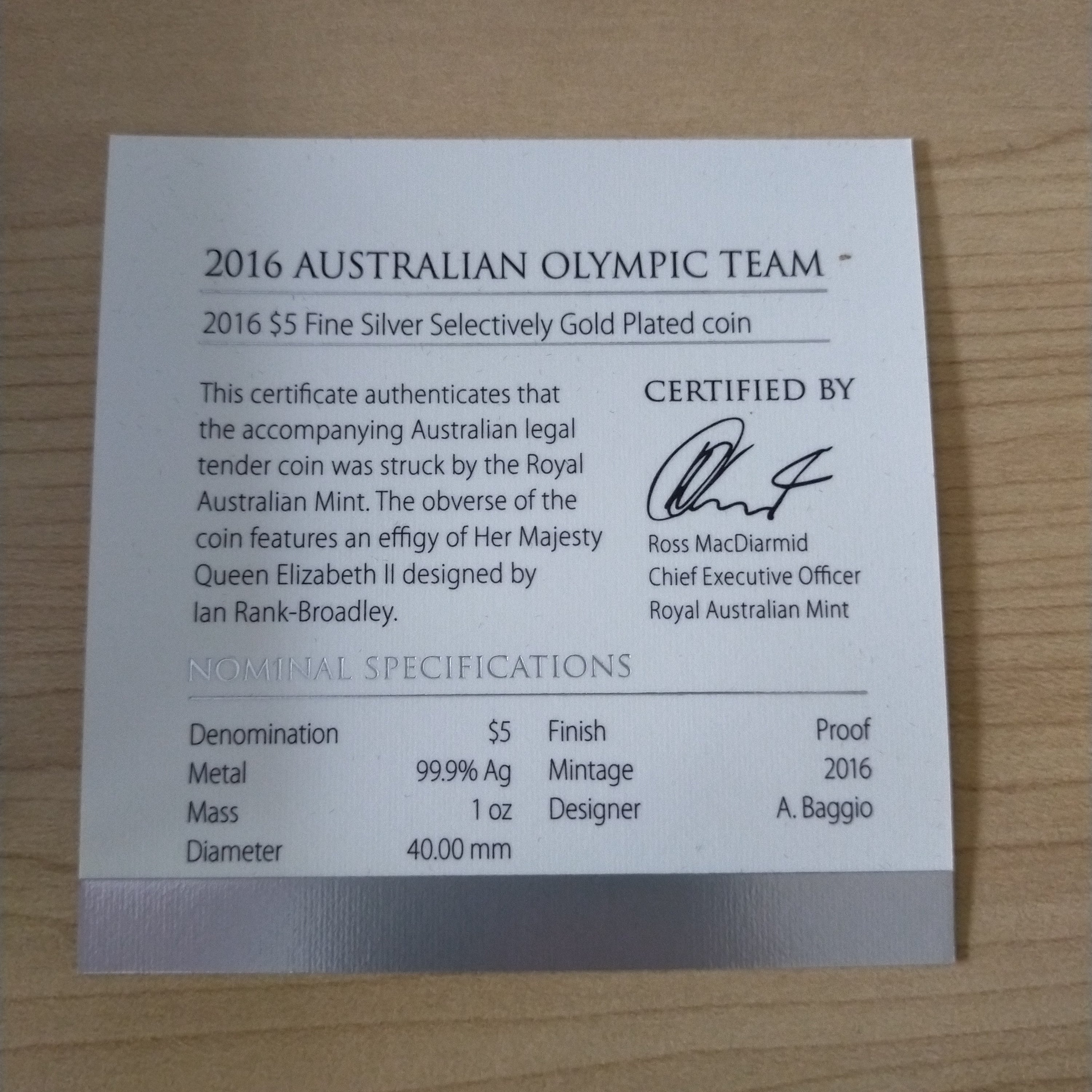 Australia 2016 Royal Australian Mint $5 Olympic Team 1oz Silver Gold Plated Proof Coin - Image 4