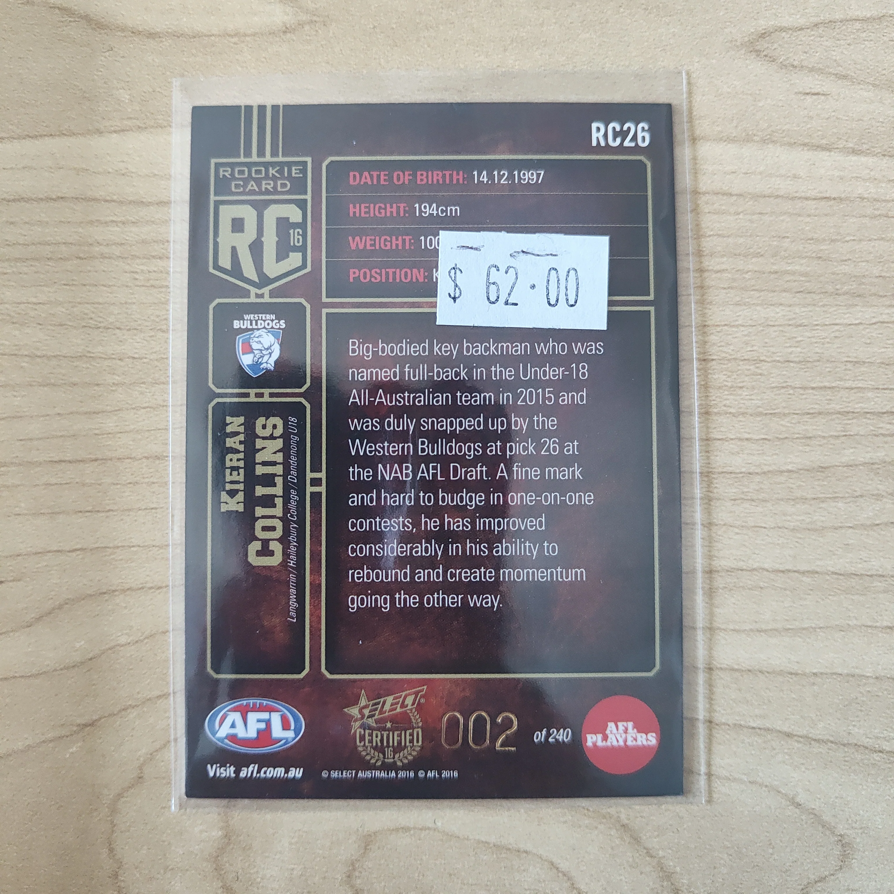 2016 Select Certified Rookie Card Kieran Collins Western Bulldogs LOW NUMBER No.002/240 - Image 2