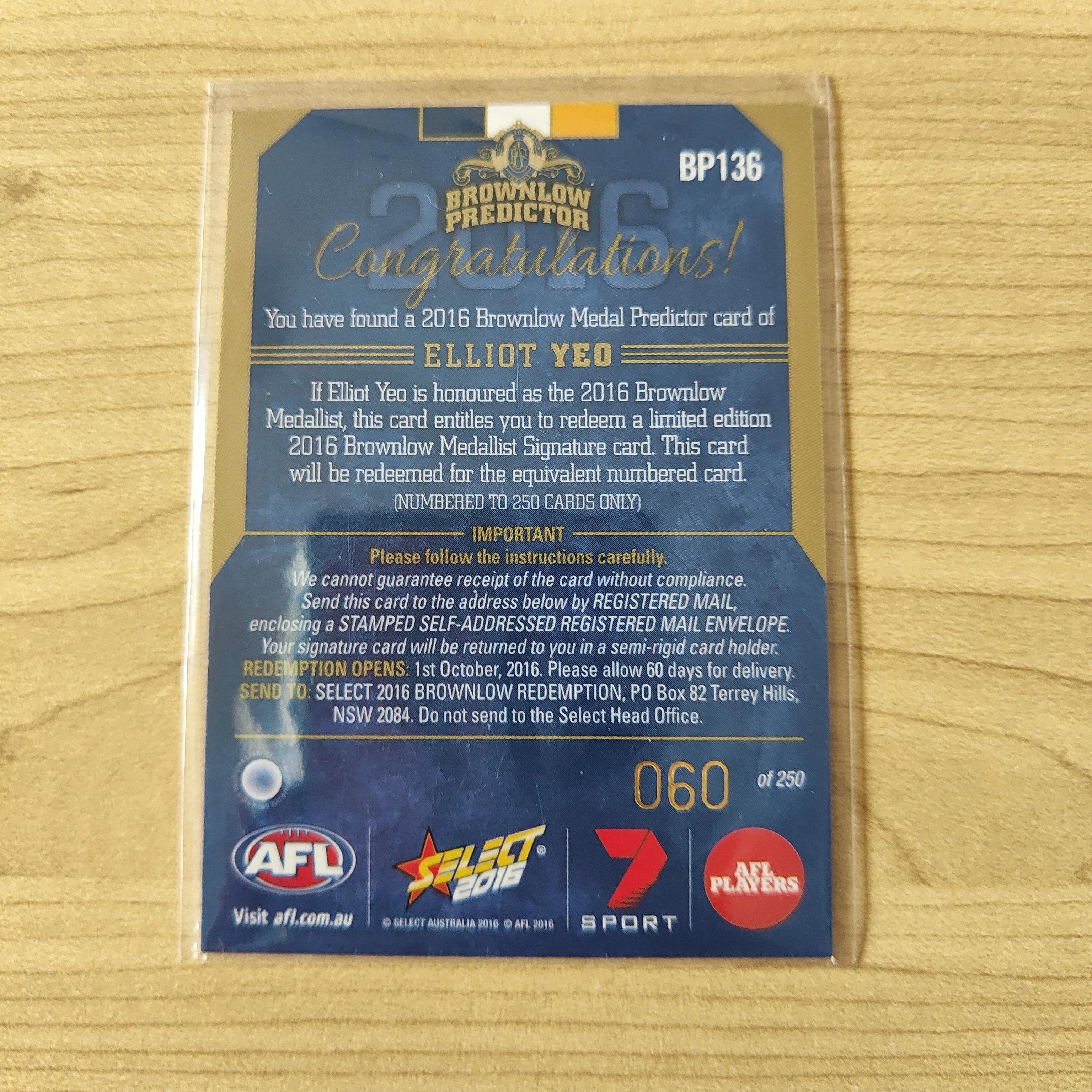 2016 Select Footy Stars Brownlow Predictor Elliot Yeo West Coast 060/250 - Image 2
