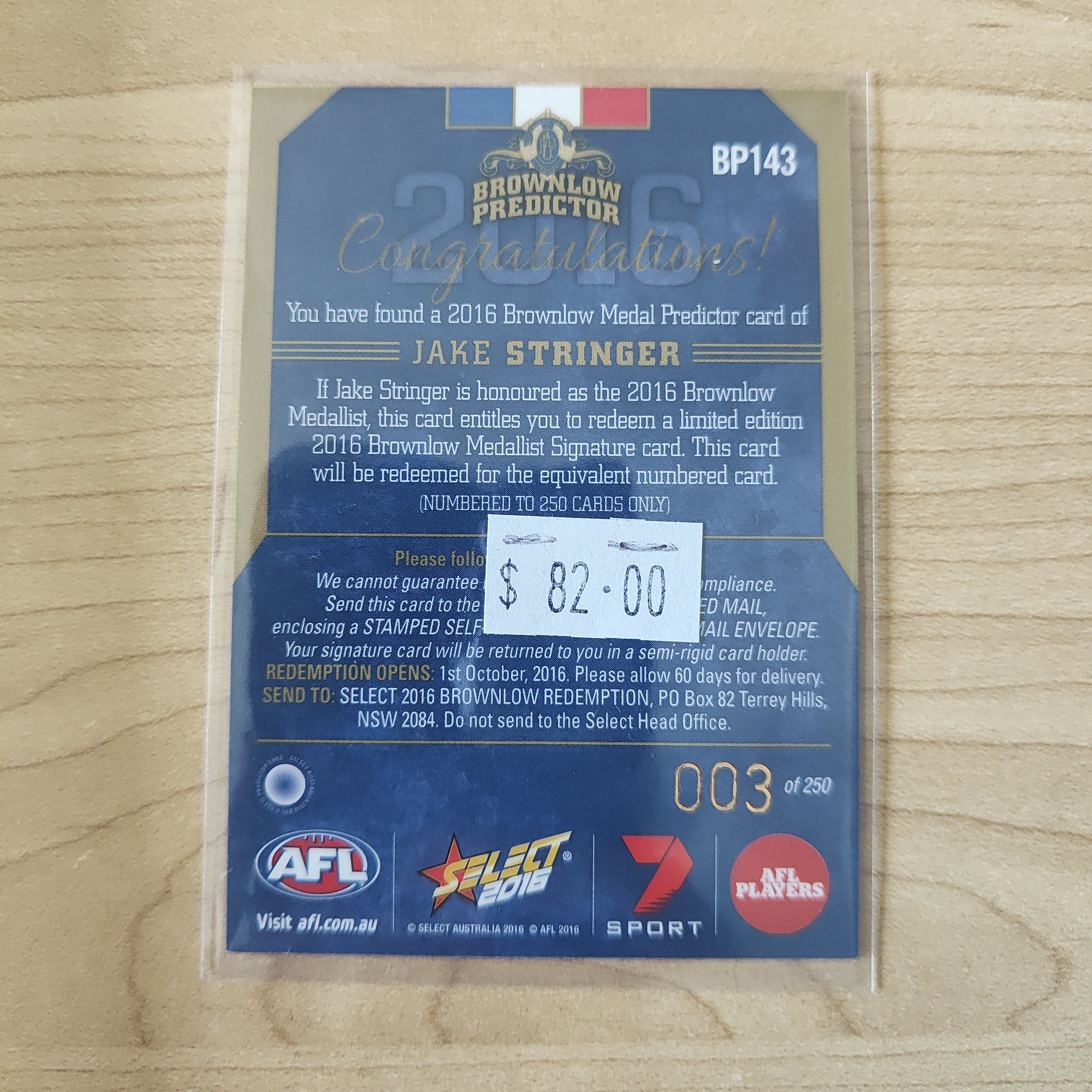 2016 Select Footy Stars Brownlow Predictor Jake Stringer Western Bulldogs 003/250 - Image 2