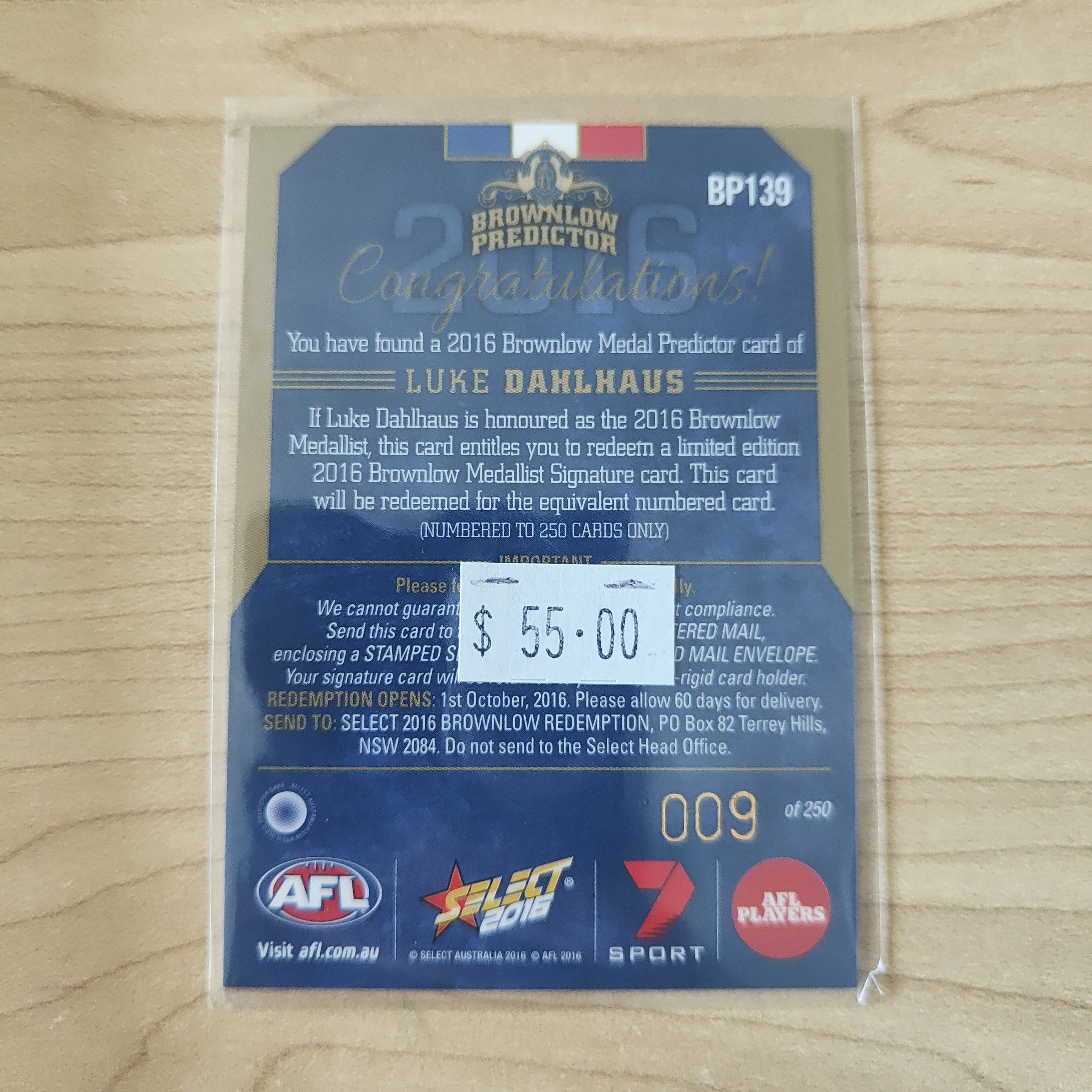 2016 Select Footy Stars Brownlow Predictor Luke Dahlhaus Western Bulldogs 009/250 - Image 2
