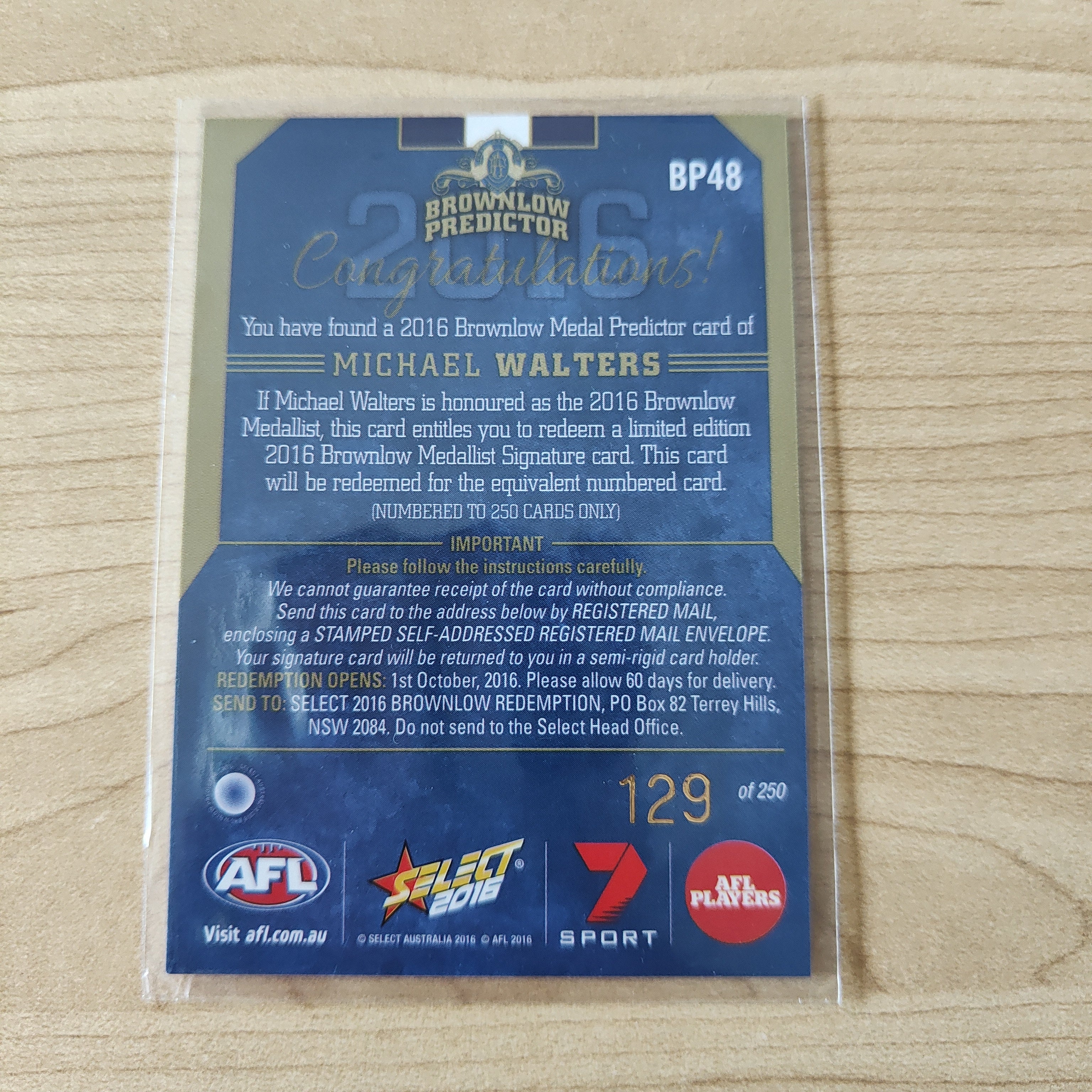 2016 Select Footy Stars Brownlow Predictor Michael Walters Fremantle 129/250 - Image 2