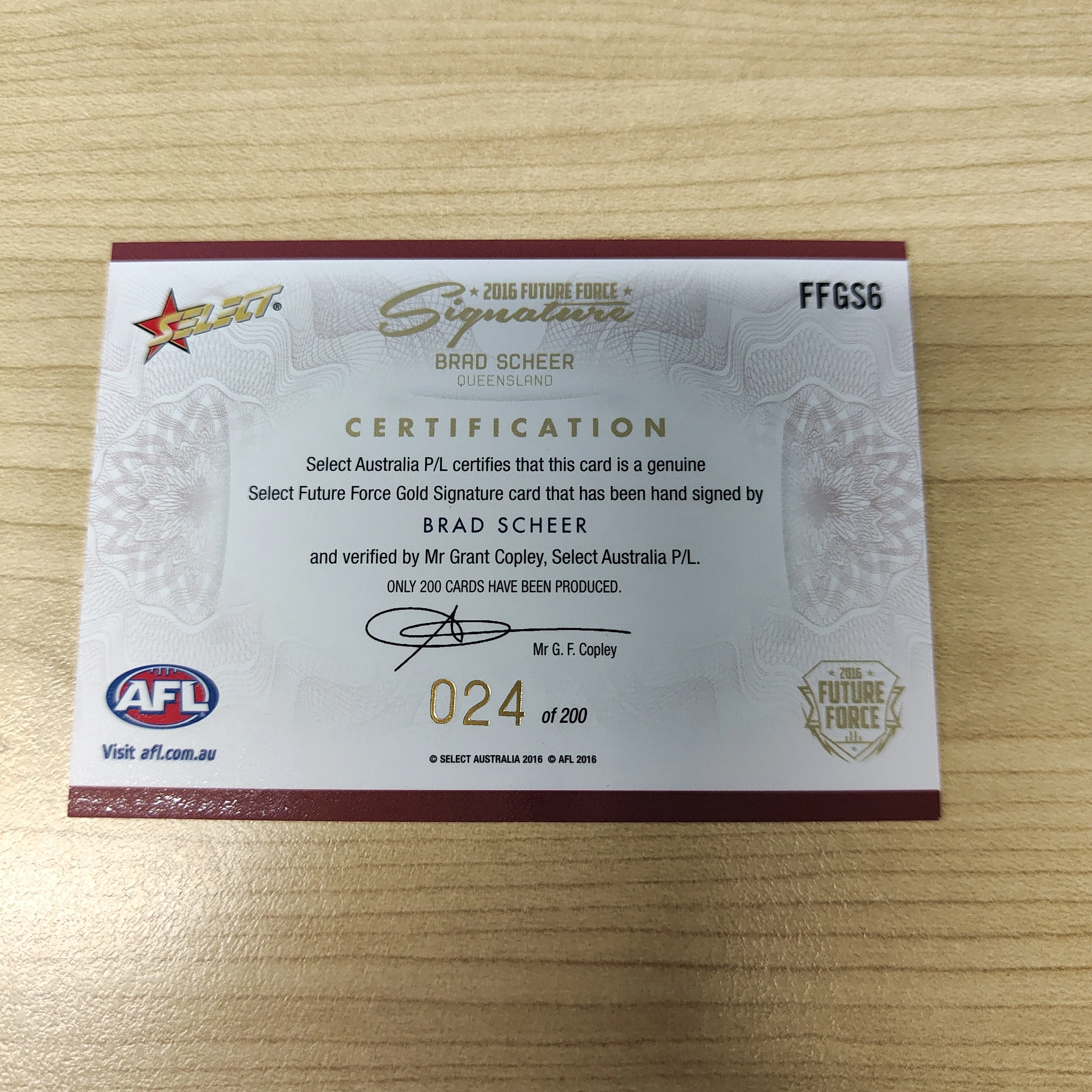 2016 Select Future Force Gold Signature Brad Scheer Gold Coast Suns No.024/200 - Image 2