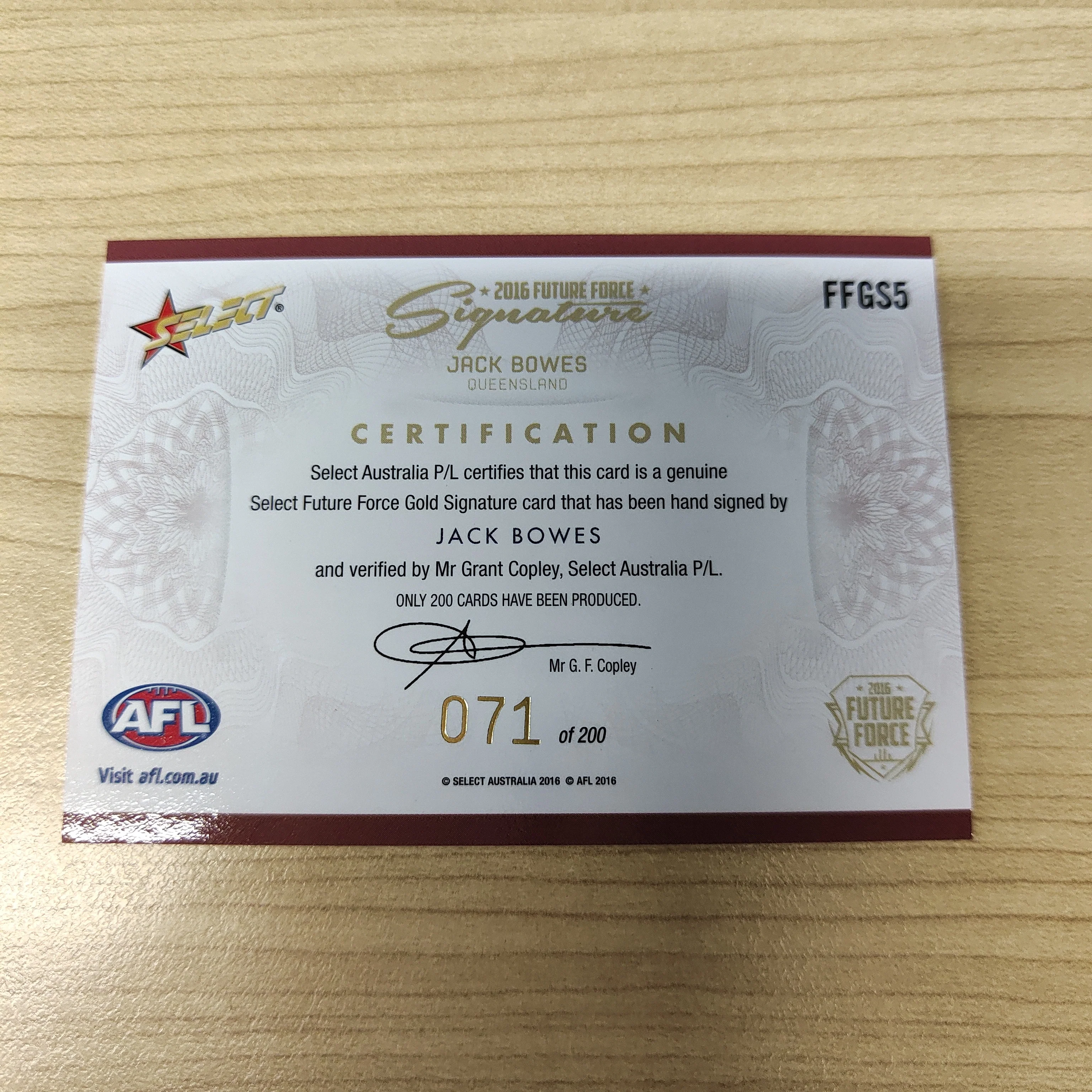 2016 Select Future Force Gold Signature Jack Bowes Gold Coast Suns No.071/200 - Image 2