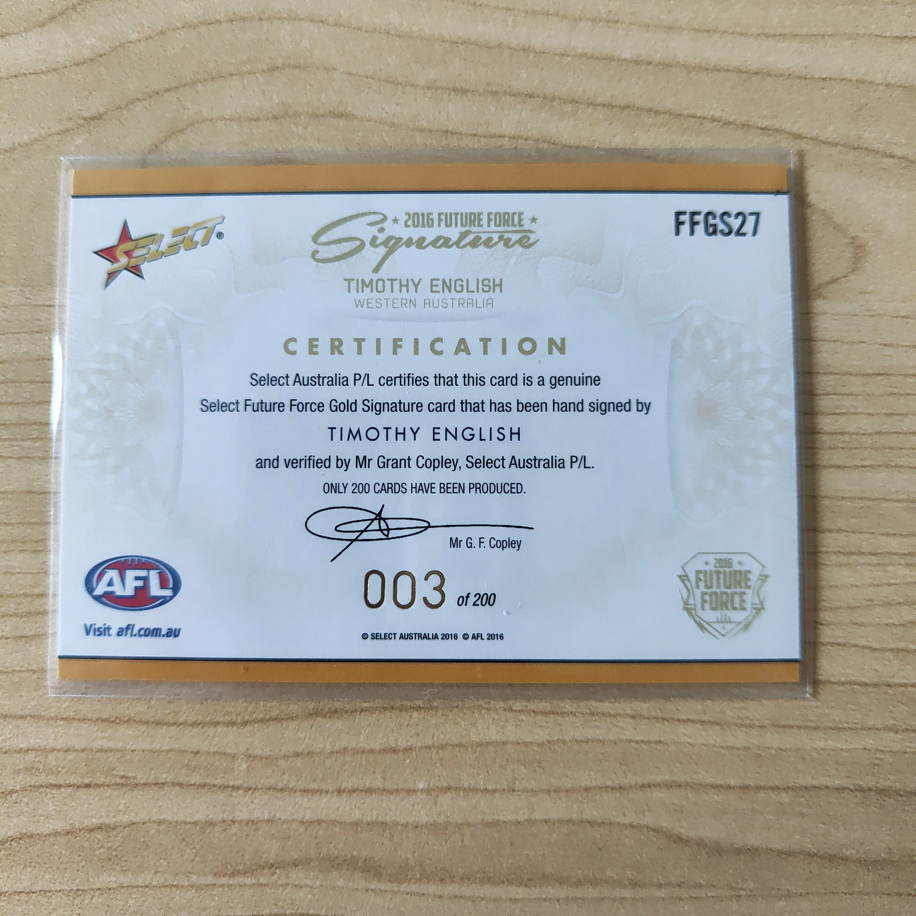 2016 Select Future Force Gold Signature Timothy English Western Bulldogs LOW NUMBER No.003/200 - Image 2