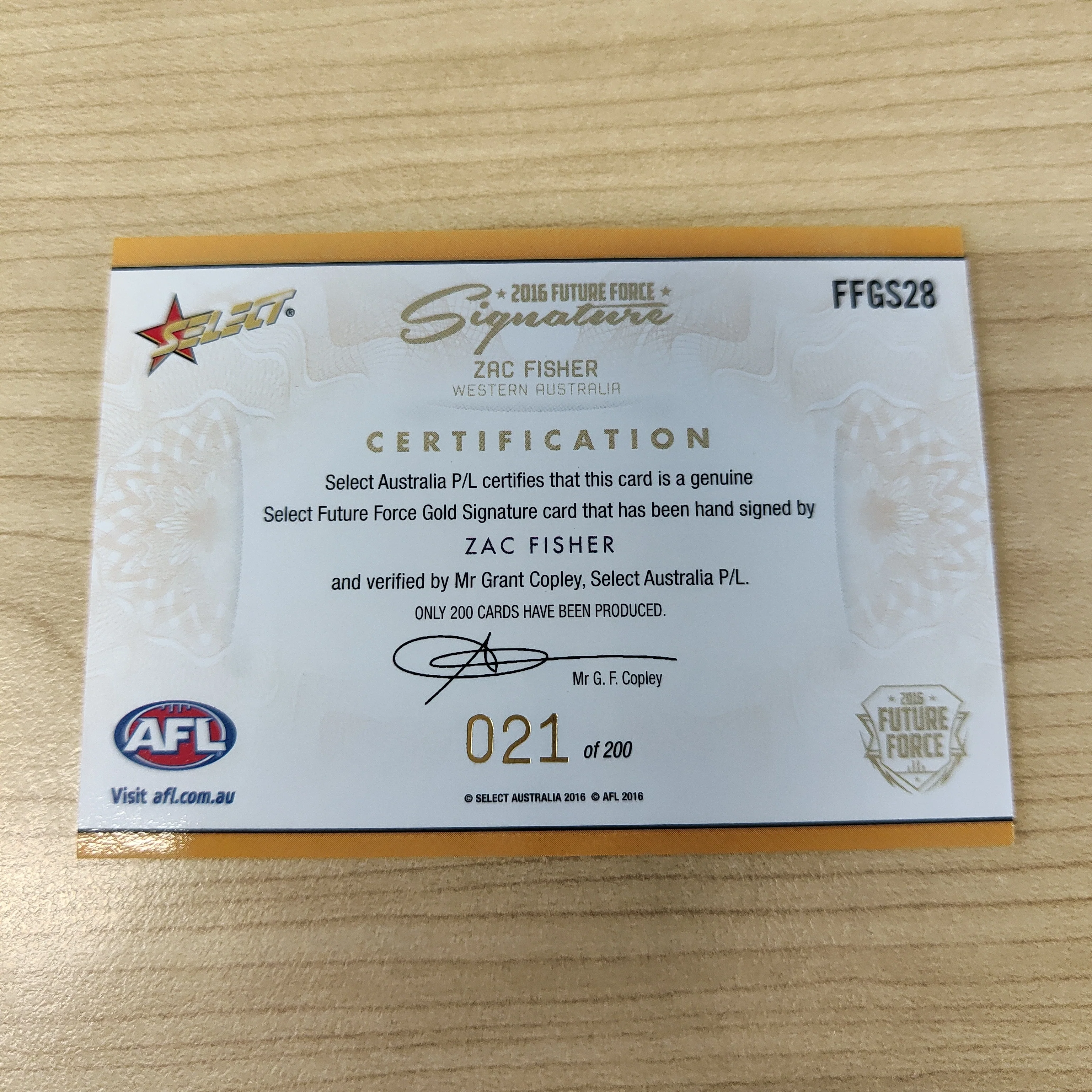 2016 Select Future Force Gold Signature Zac Fisher Carlton No.021/200 - Image 2