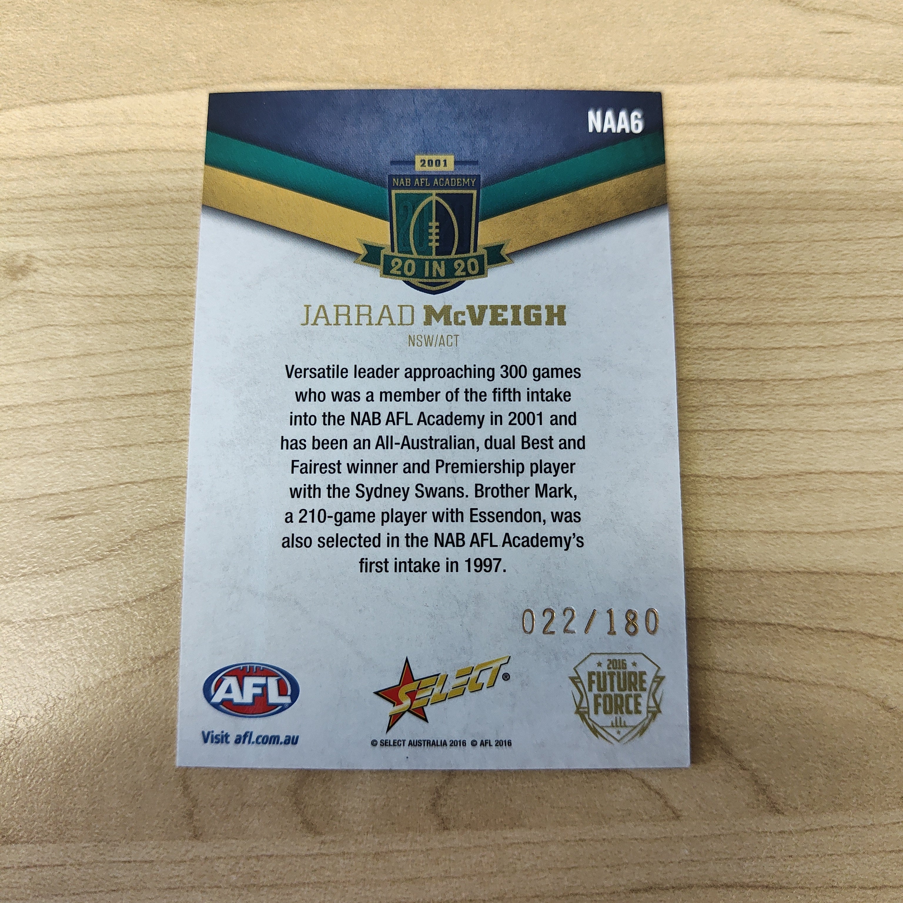 2016 Select Future Force NAB AFL Academy 20 In 20 Jarrad McVeigh No.022/180 - Image 2