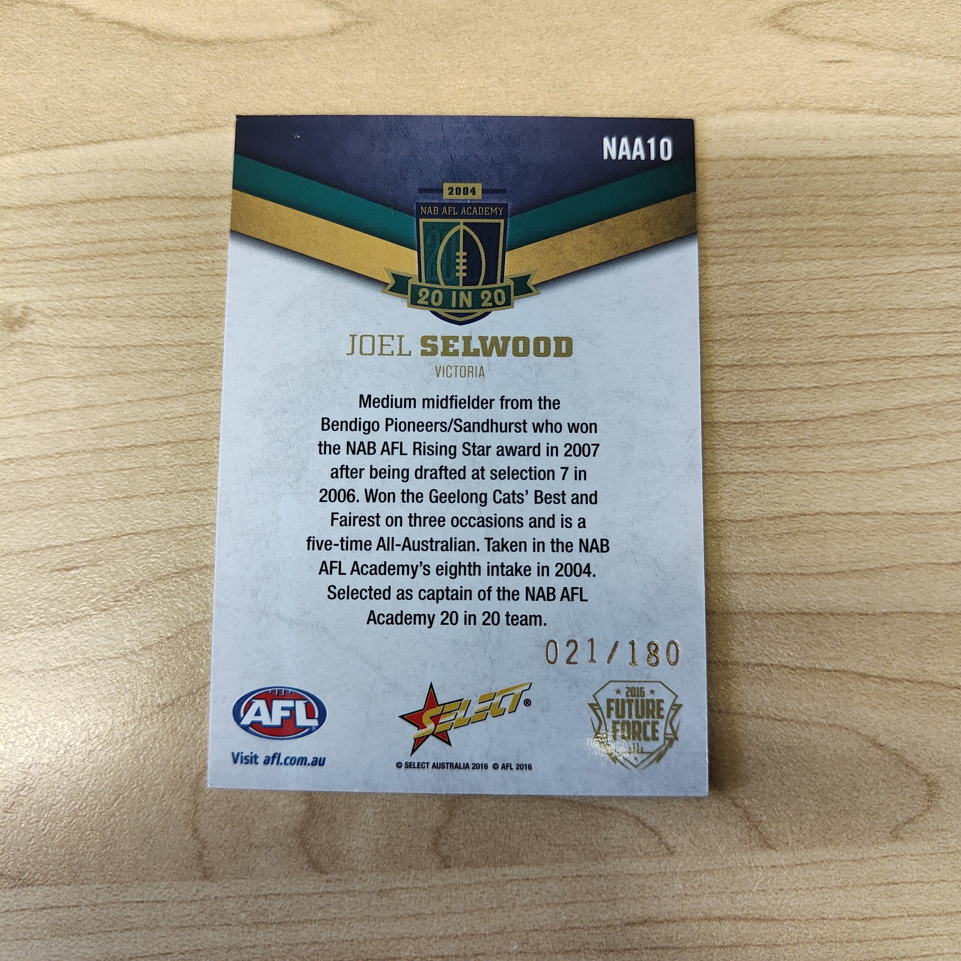 2016 Select Future Force NAB AFL Academy 20 In 20 Joel Selwood No.021/180 - Image 2