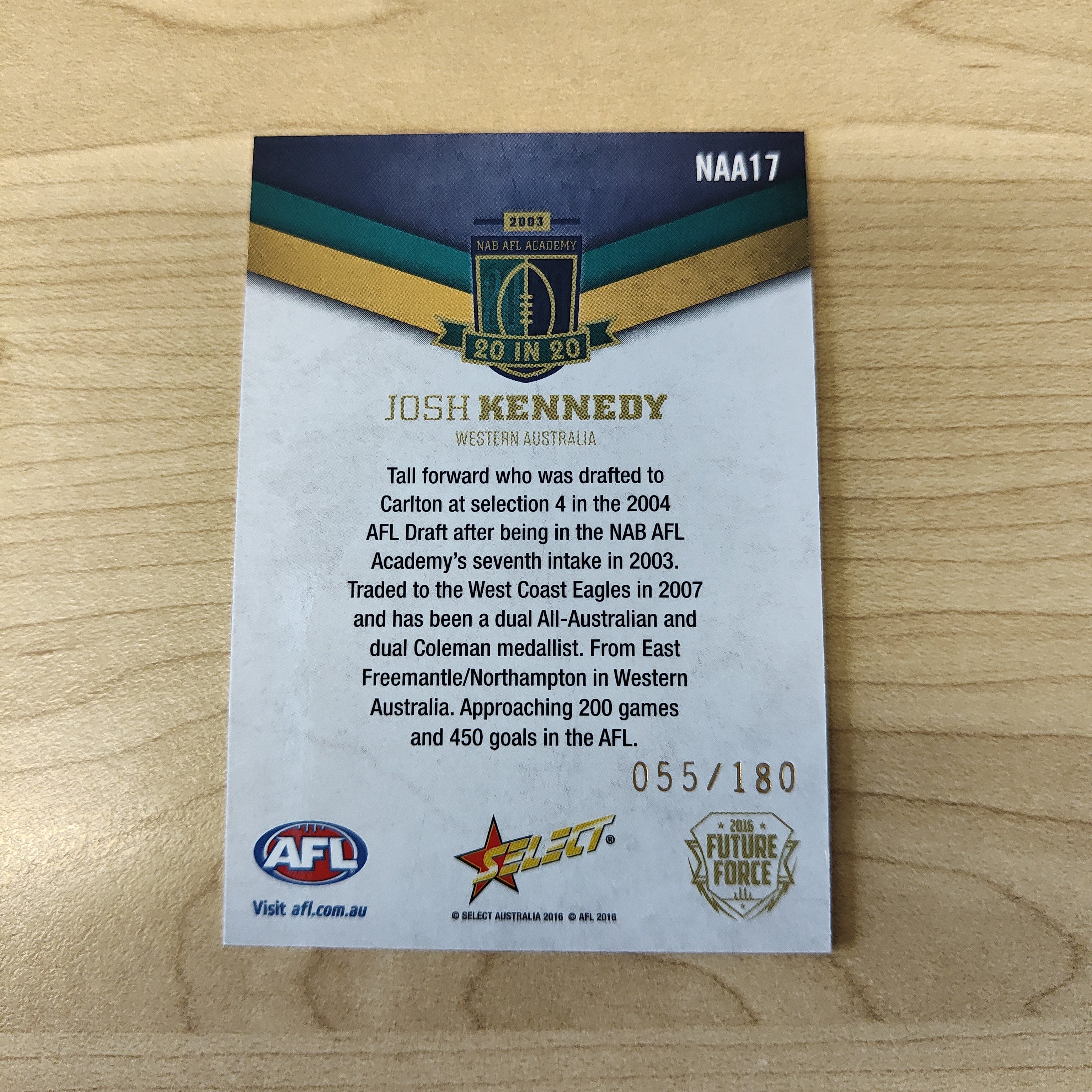 2016 Select Future Force NAB AFL Academy 20 In 20 Josh Kennedy No.055/180 - Image 2
