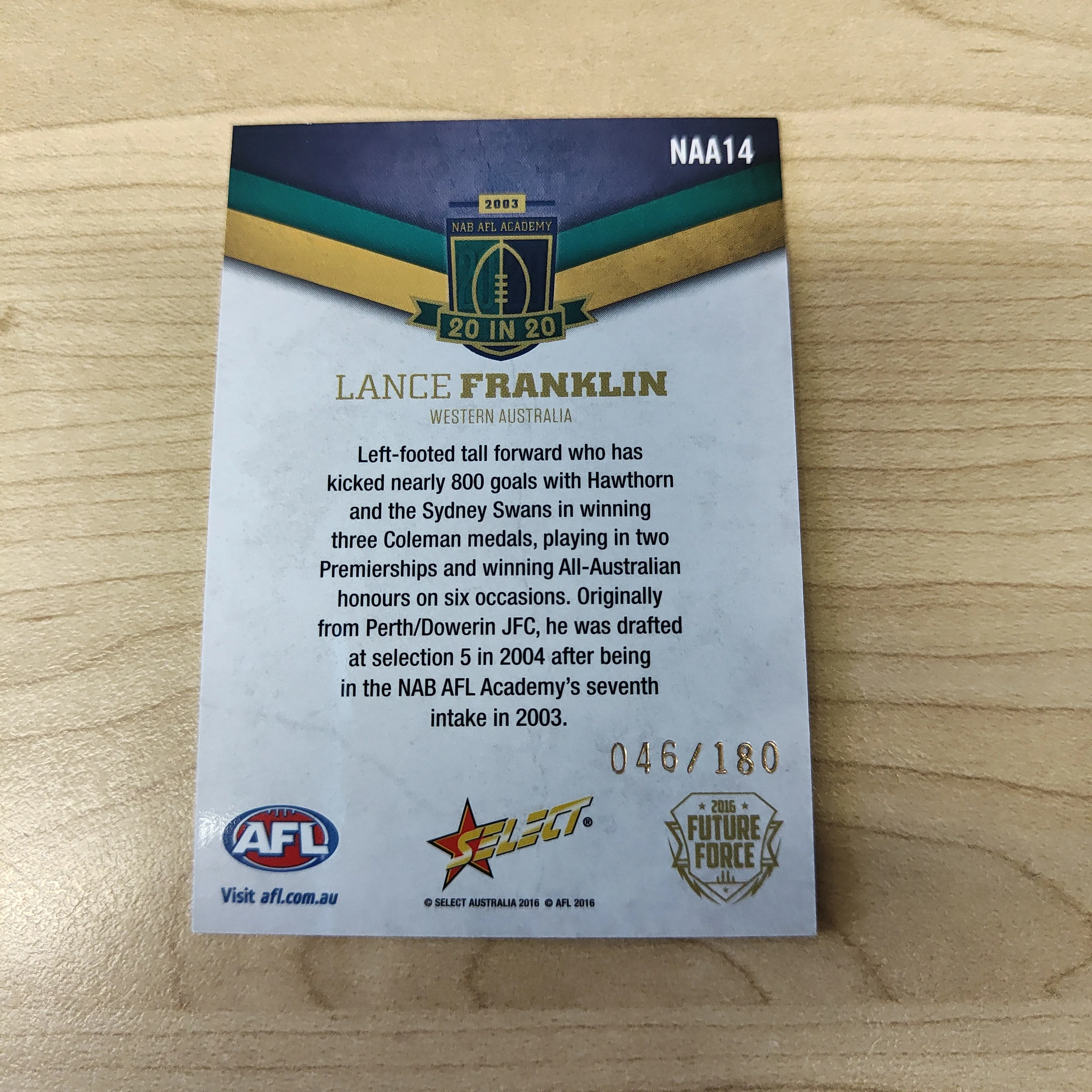 2016 Select Future Force NAB AFL Academy 20 In 20 Lance Franklin No.046/180 - Image 2