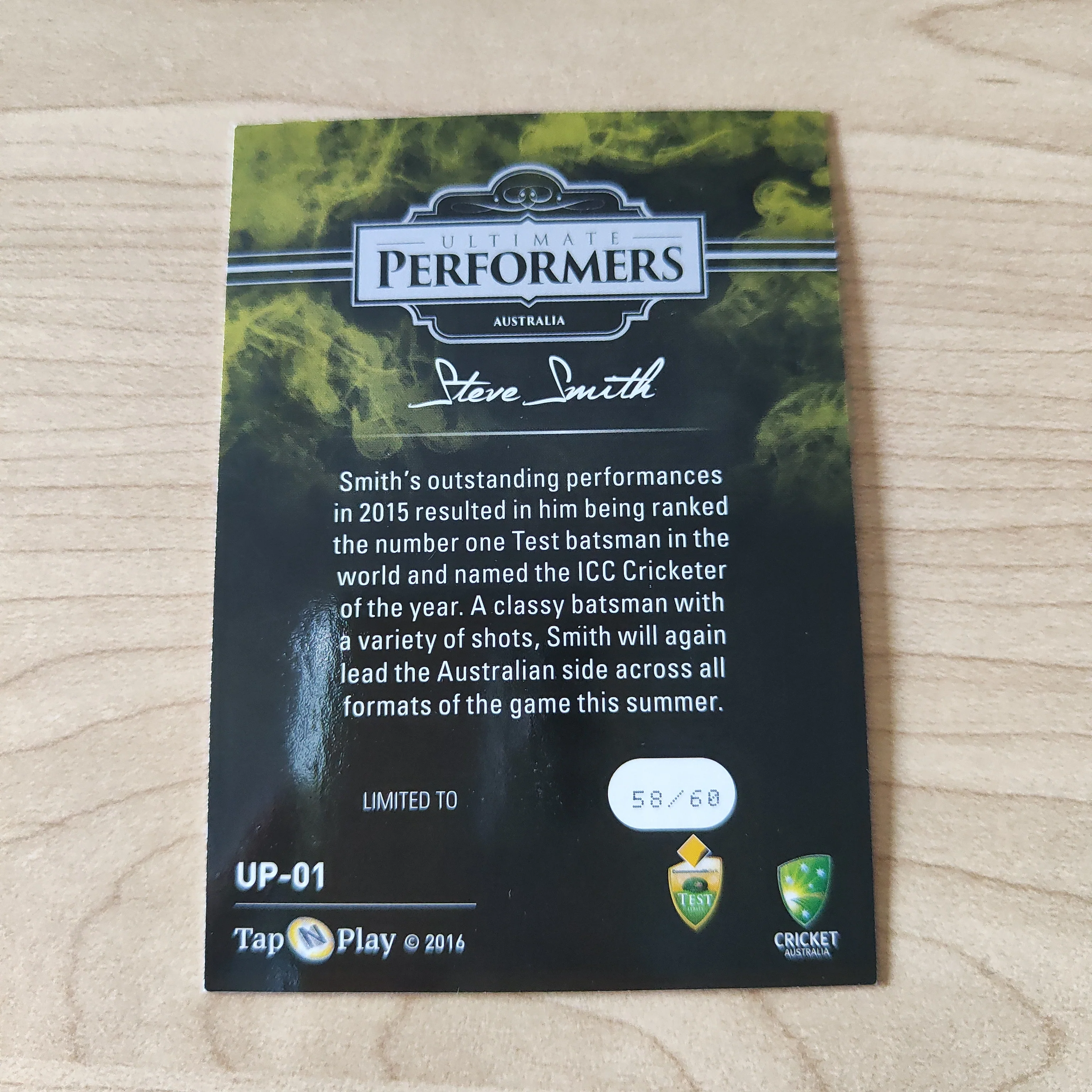 2016 Tap n Play Test Series Ultimate Performers Steve Smith Cricket Australia Card - Image 2