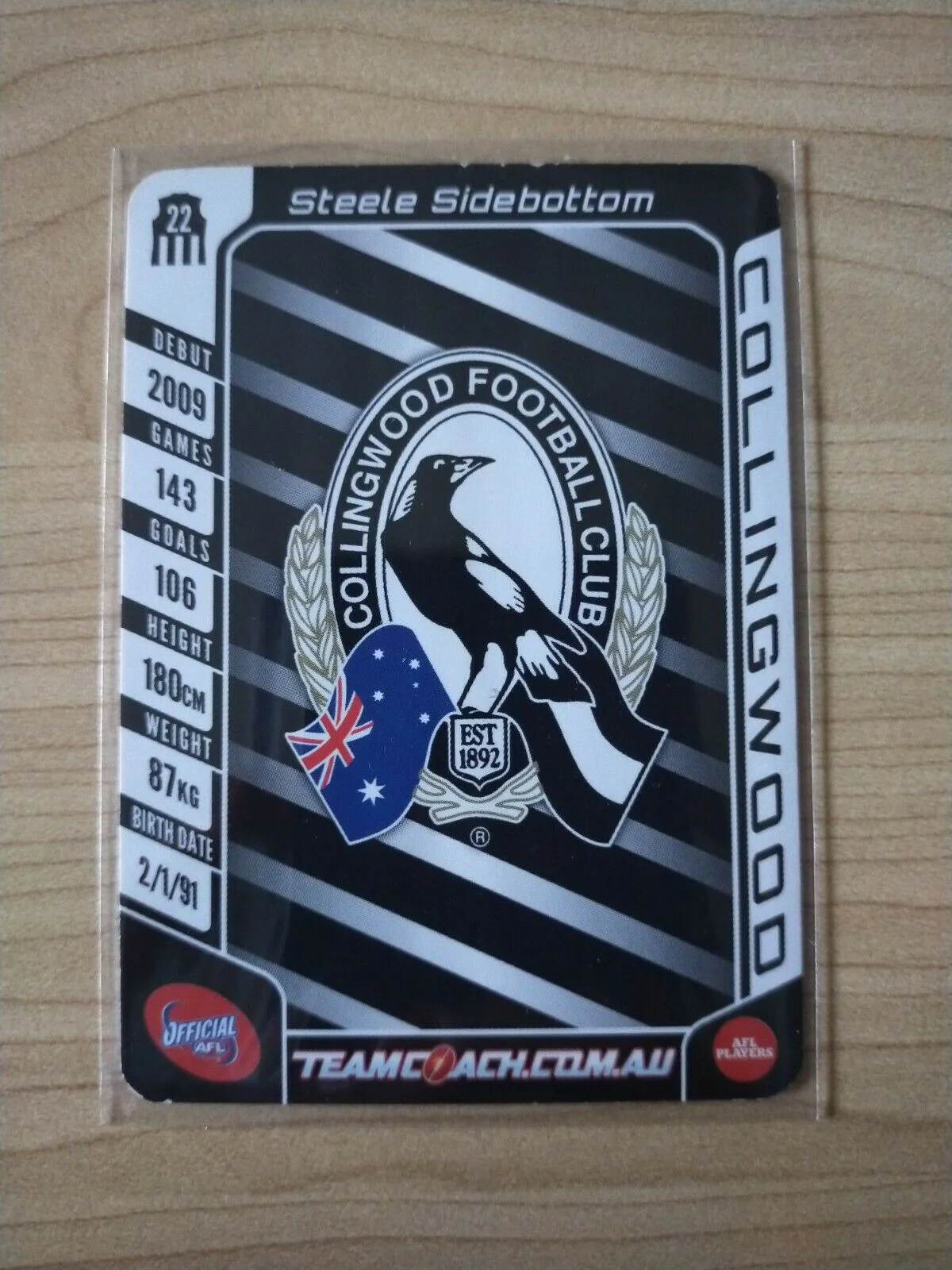 2016 Teamcoach Steele Sidebottom Collingwood Football Card Hand Signed - Image 2