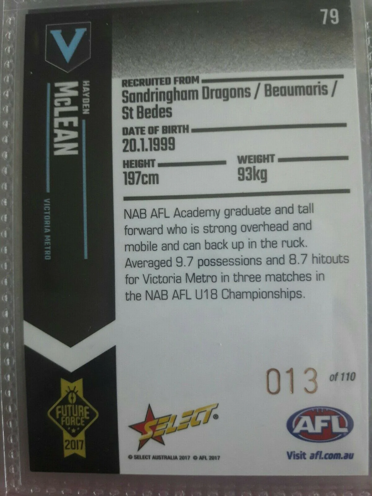 2017 AFL FUTURE FORCE CARD BLUE PARALLEL NO.79 HAYDEN McLEAN #013/110 - Image 2