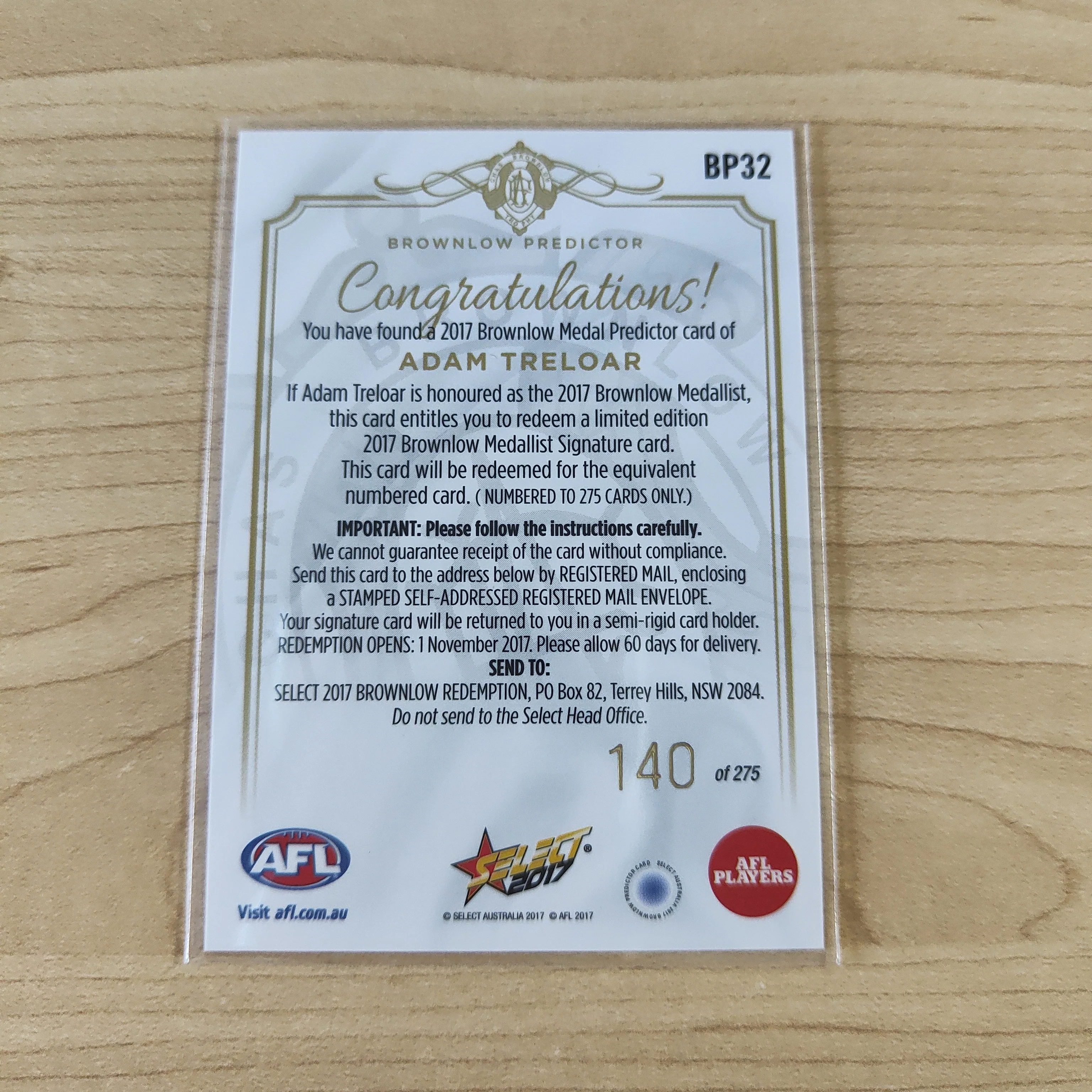 2017 AFL Select Brownlow Predictor Adam Treloar Collingwood No.140/275 - Image 2