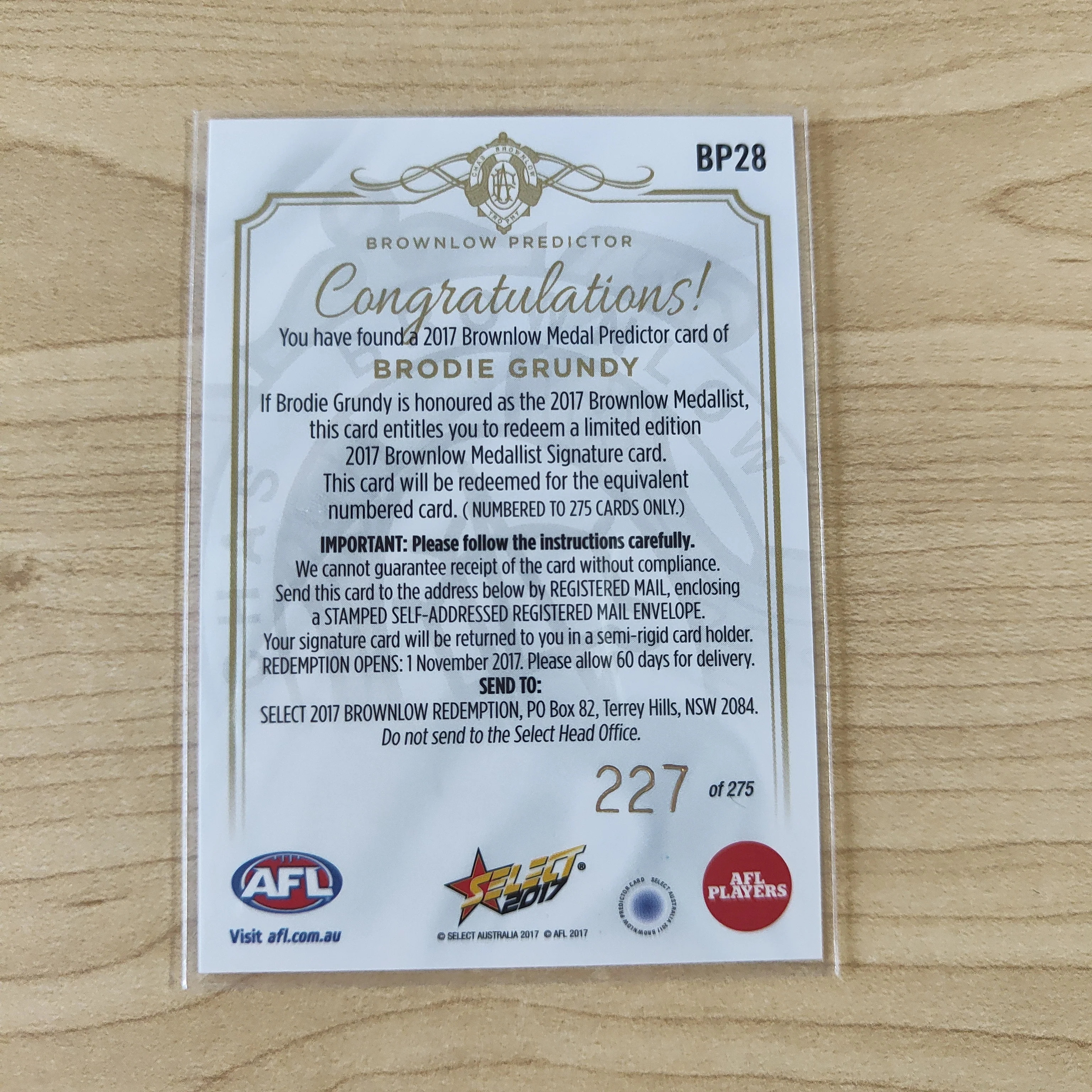 2017 AFL Select Brownlow Predictor Brodie Grundy Collingwood No.227/275 - Image 2