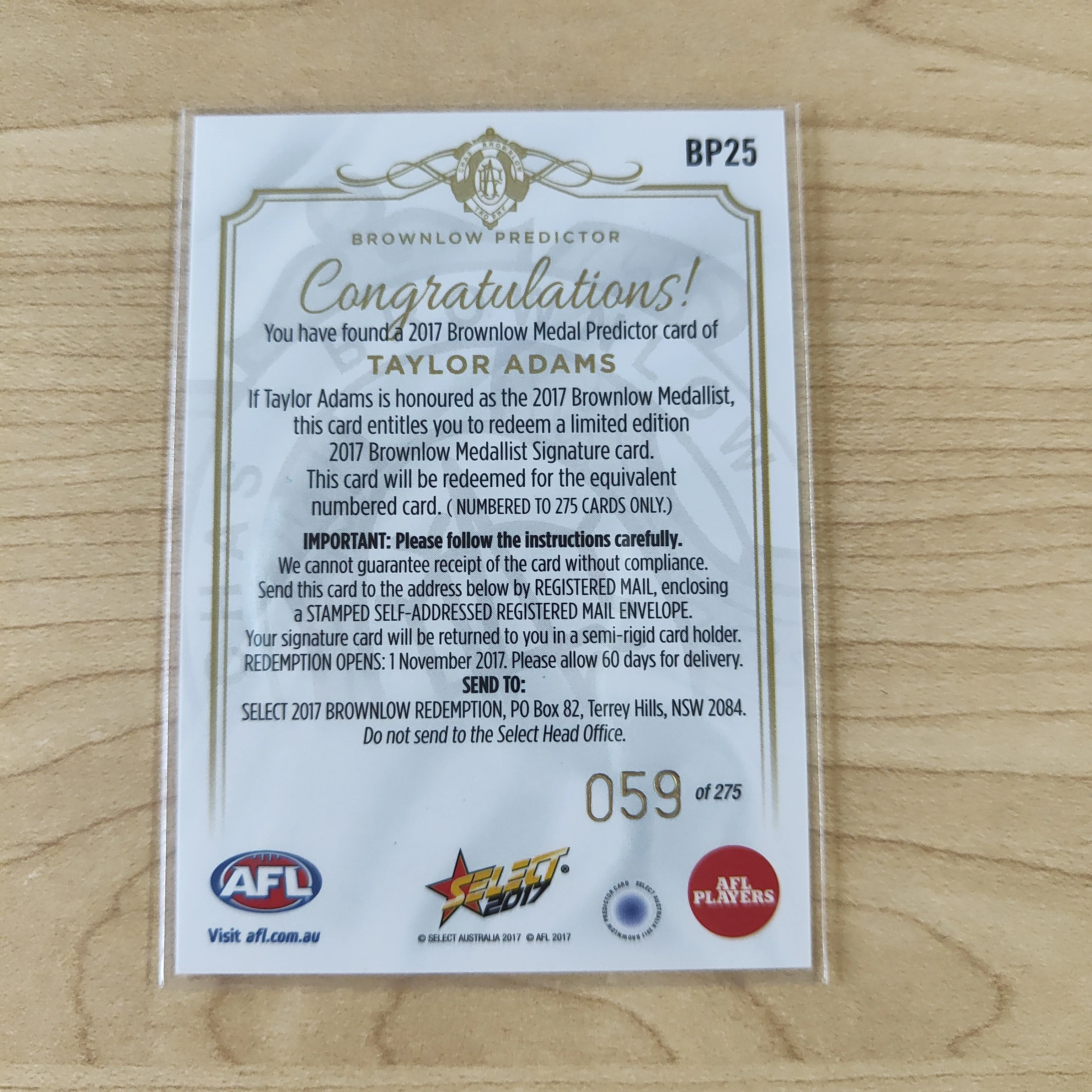2017 AFL Select Brownlow Predictor Taylor Adams Collingwood No.059/275 - Image 2
